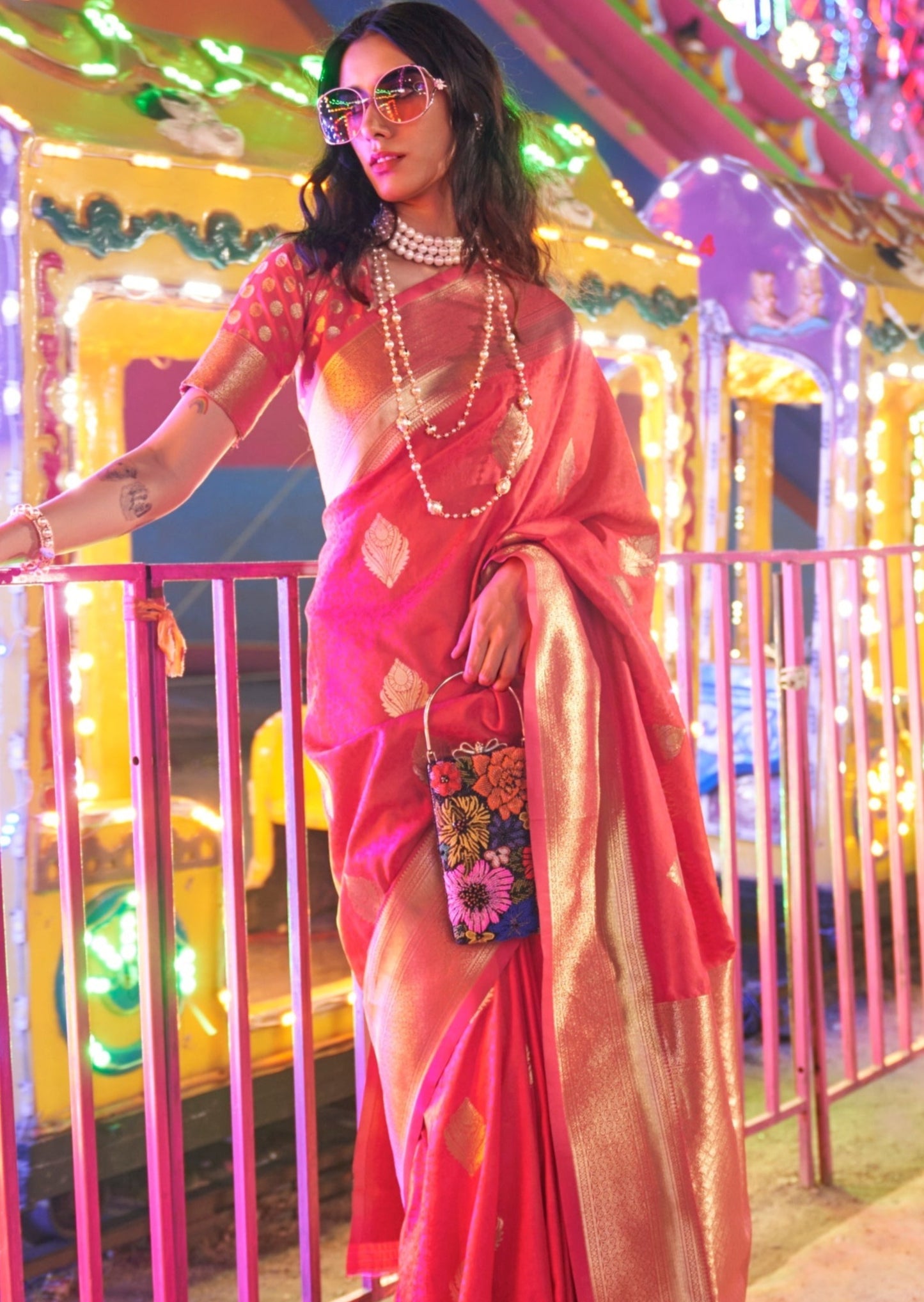Banarasi silk vermillion red saree for bride online.
