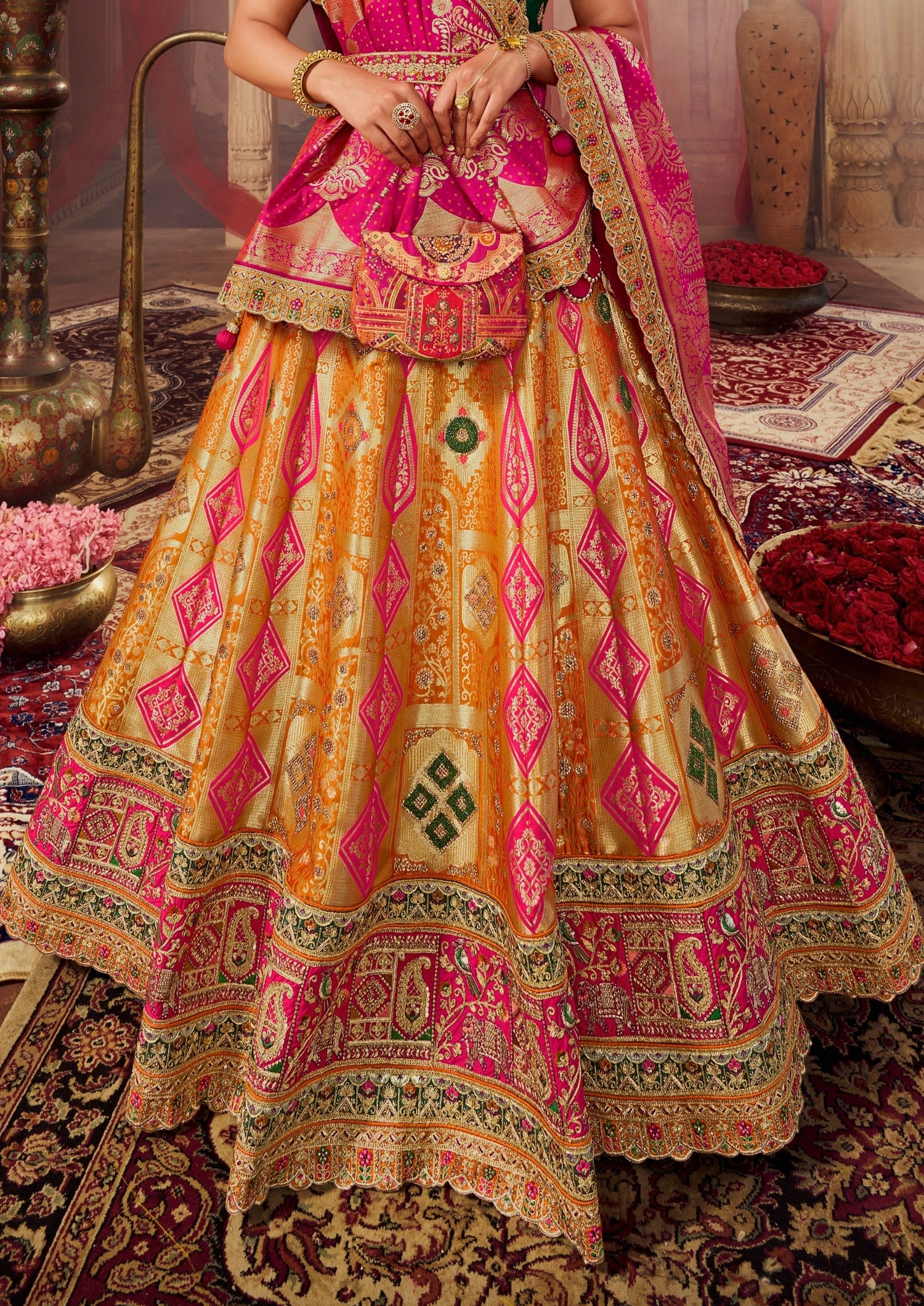 Wedding Lehenga Jewellery On Banarasi Lehenga Banarasi Silk Yellow