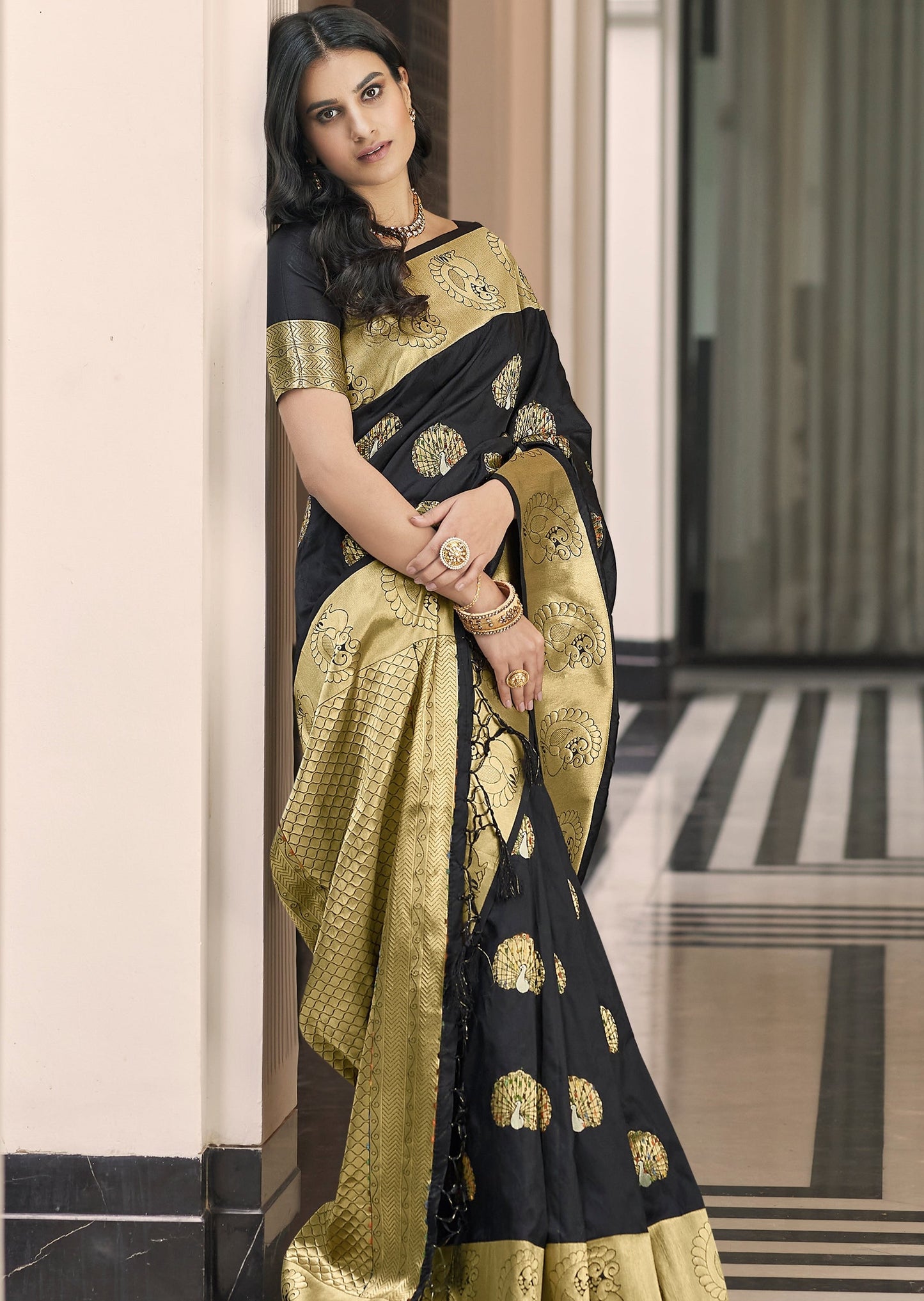 Banarasi silk zari work black saree usa online.