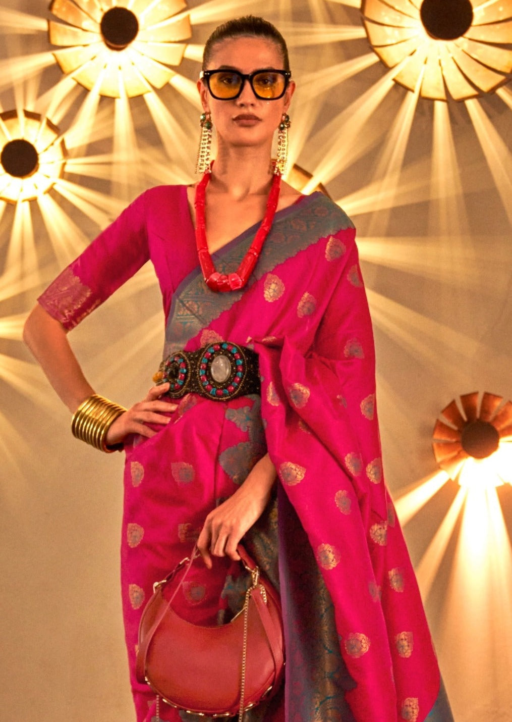 Women's red silk saree with butti motifs online shopping.