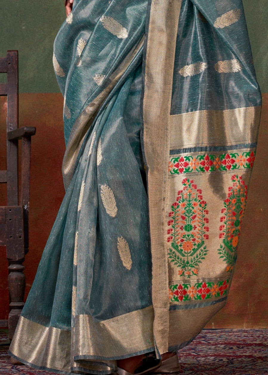 Pure Banarasi Tissue Silk Blue Handloom Saree