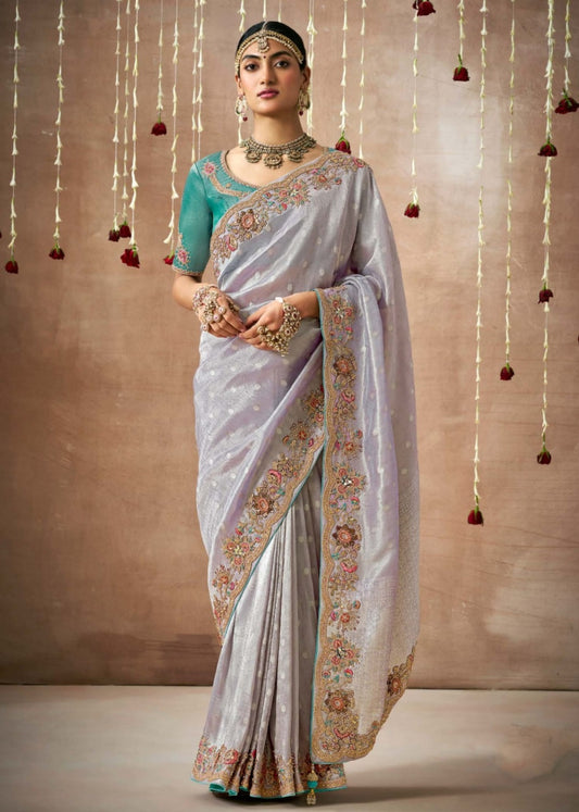 Banarasi tissue silk embroidery work silver saree online for indian wedding.