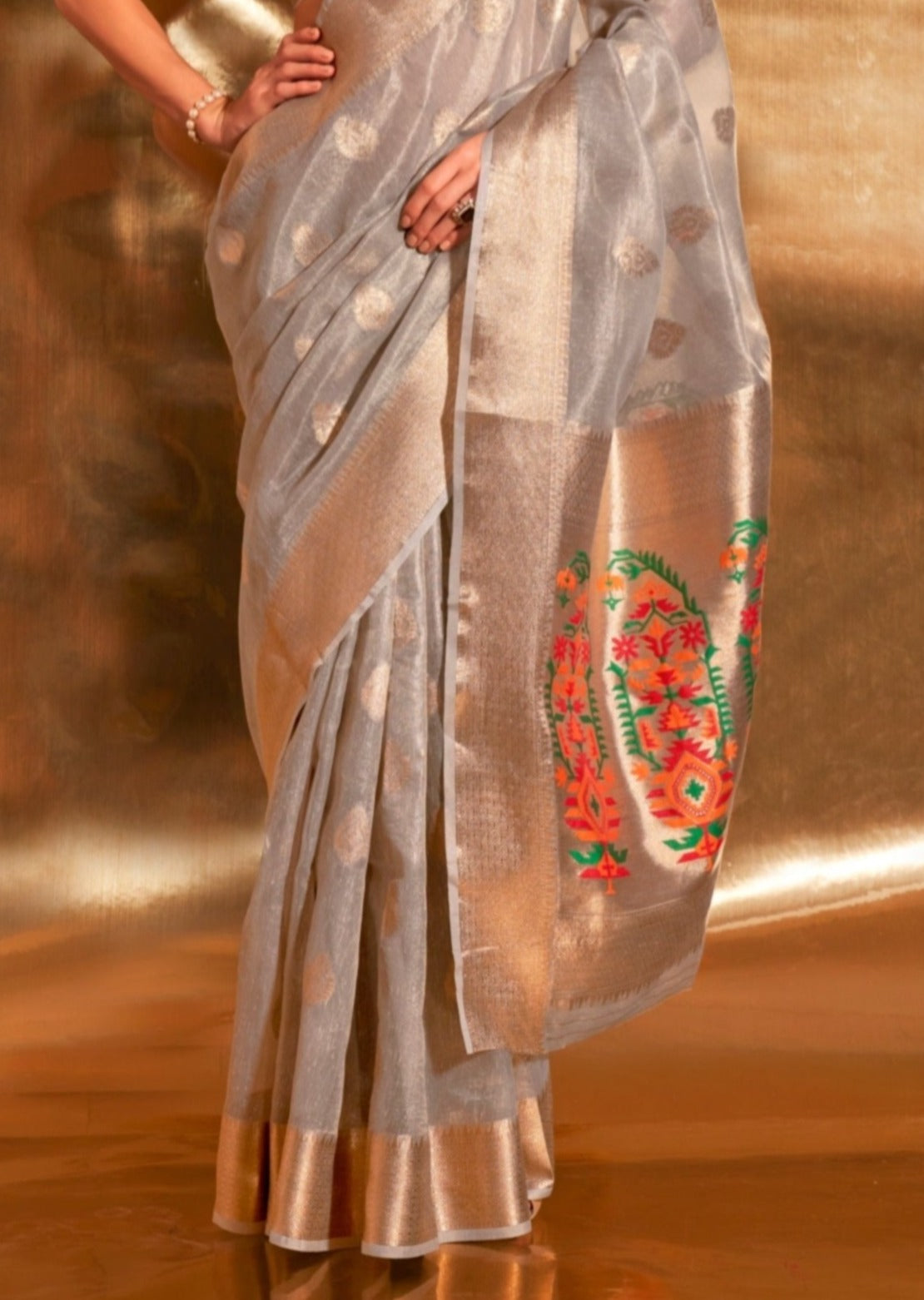 Banarasi tissue grey handloom saree india usa uk uae.