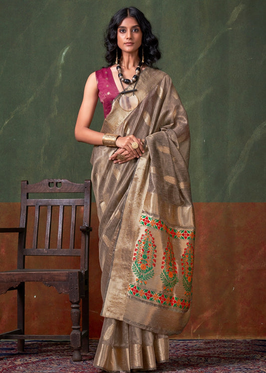 Pure Banarasi Tissue Silk Grey Handloom Saree