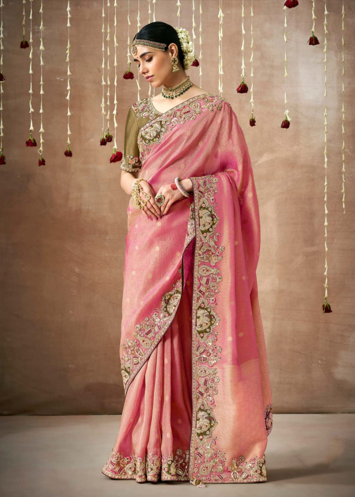 Banarasi tissue silk hand work pastel pink saree online with contrast mehendi green blouse.