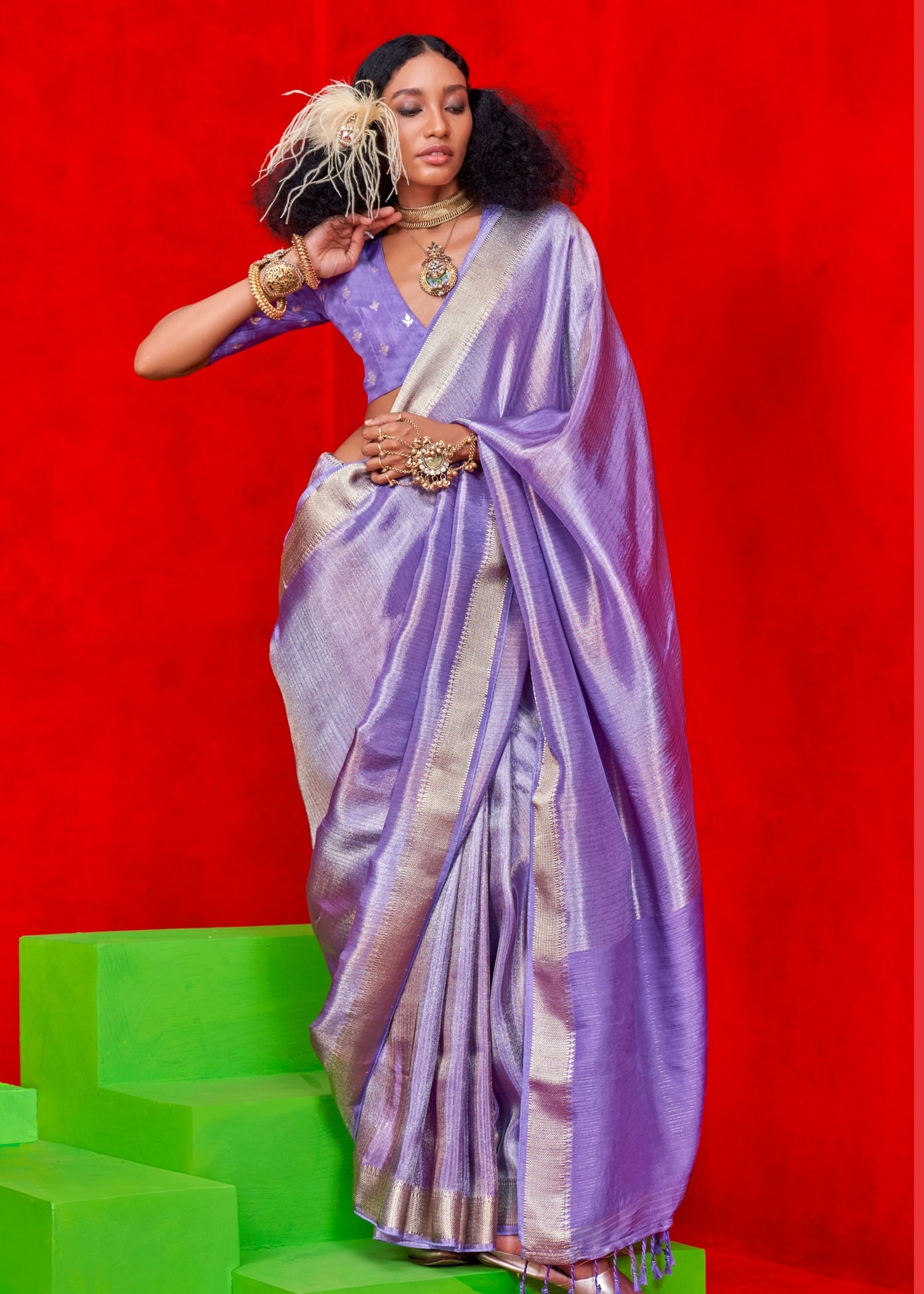 Pure banarasi tissue silk purple handloom saree online shopping for wedding function look.