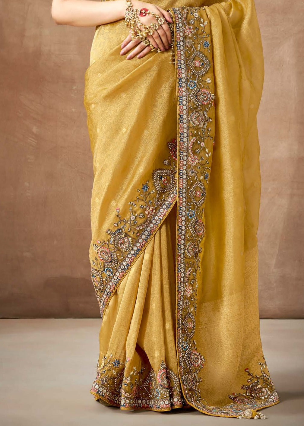 Banarasi tissue silk saree in london online shopping with price in yellow color.