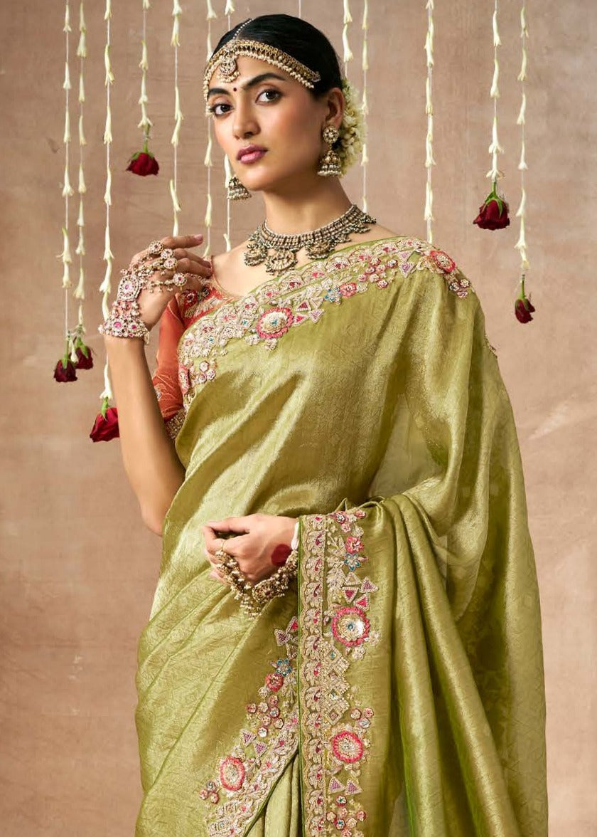 Banarasi tissue silk green handloom saree in london uk online with price.