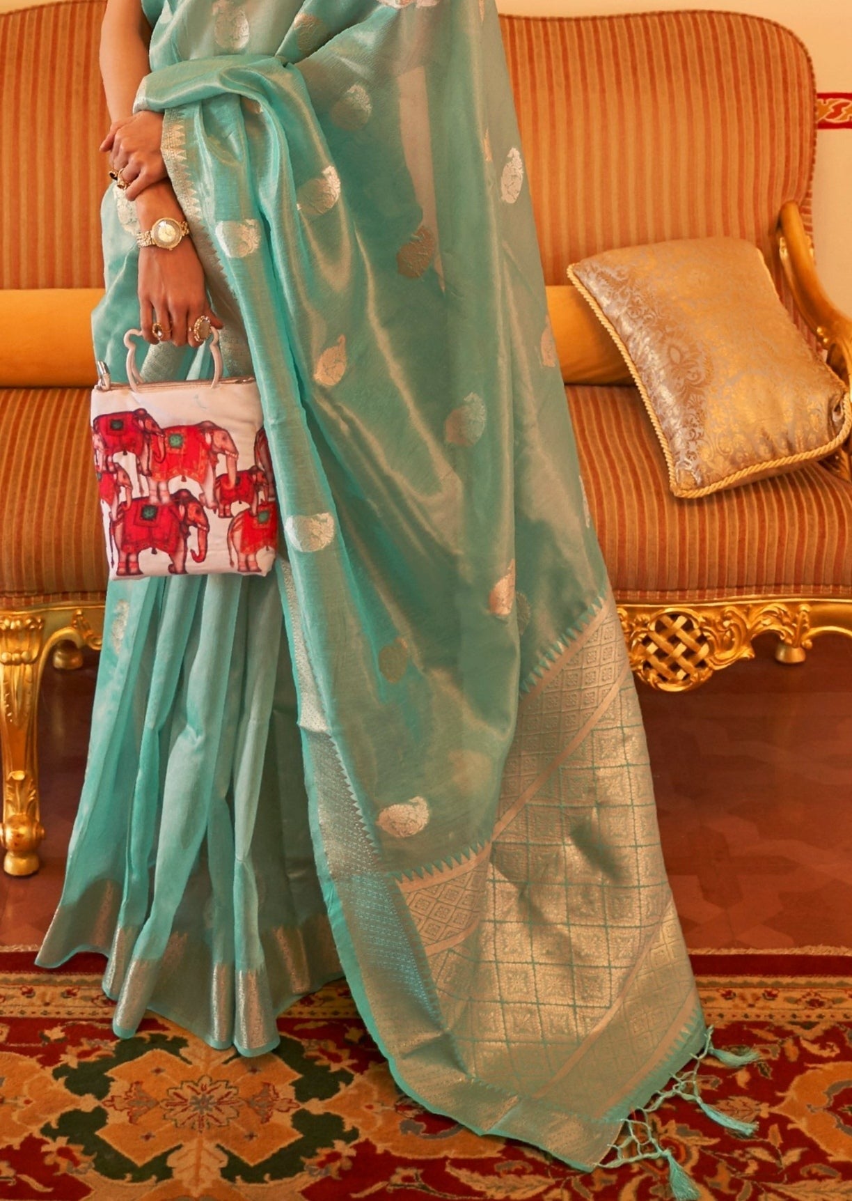 Banarasi tissue silk blue handloom bridal saree online shopping for bride.