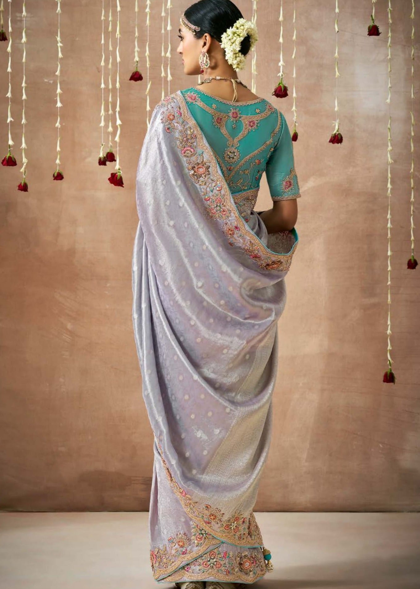 Banarasi tissue silk embroidered silver saree online for indian wedding.