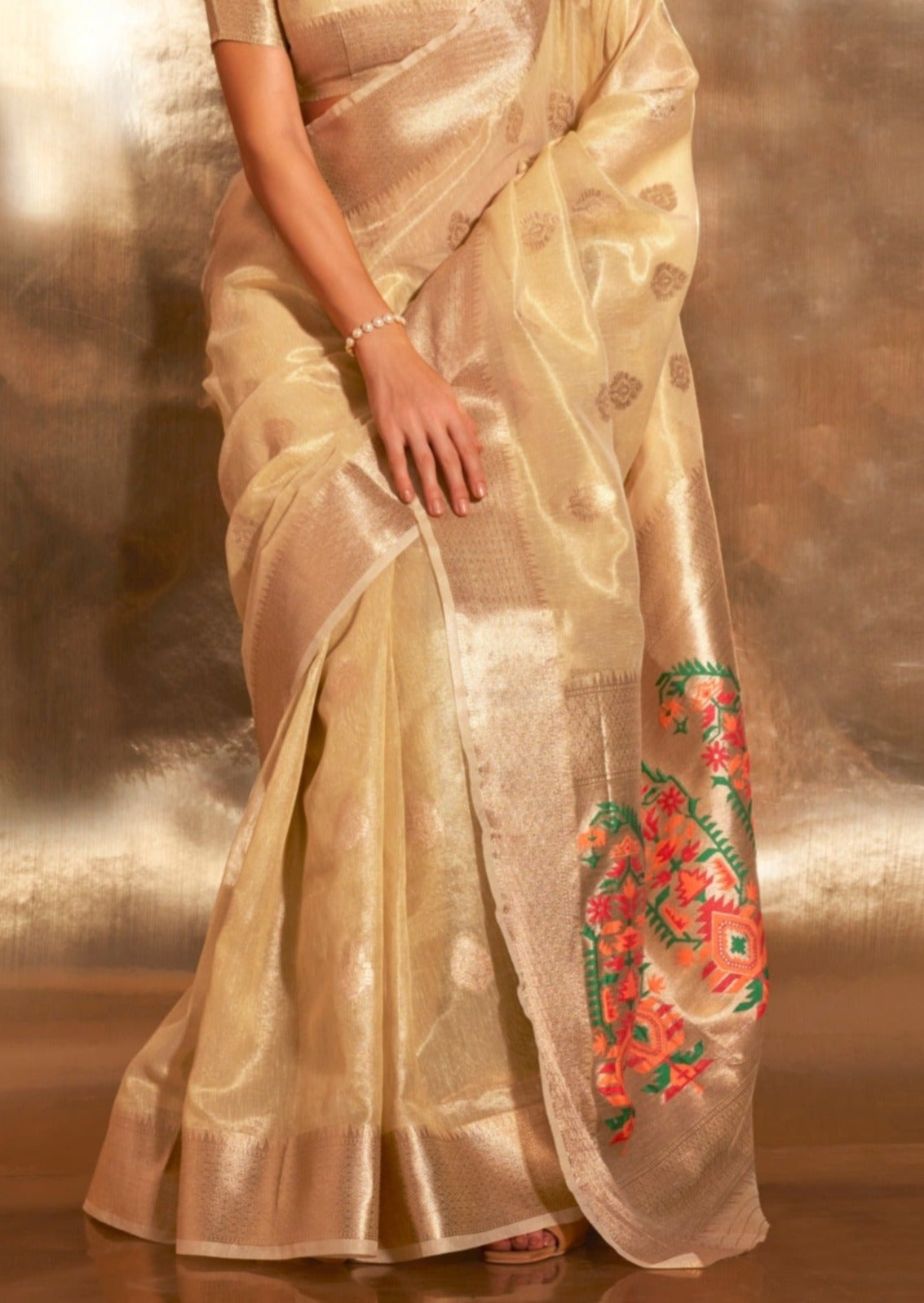 Banarasi tissue silk golden cream handloom bridal saree uae dubai online.