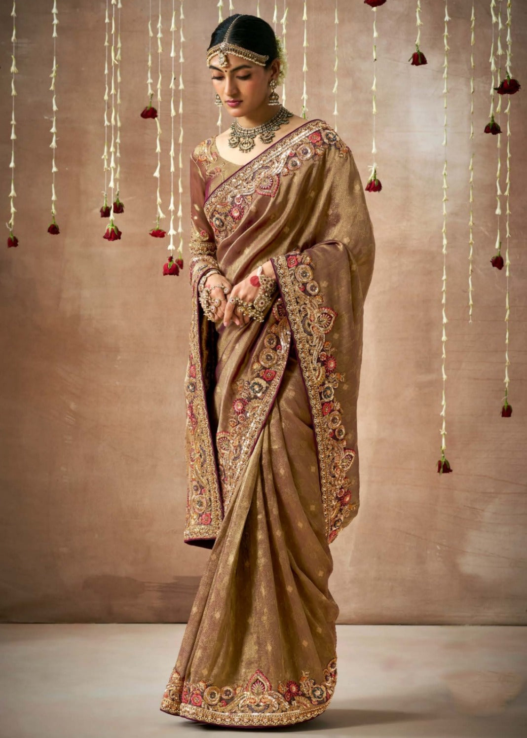 Banarasi tissue silk hand work embroidery brown saree online shopping for wedding look.