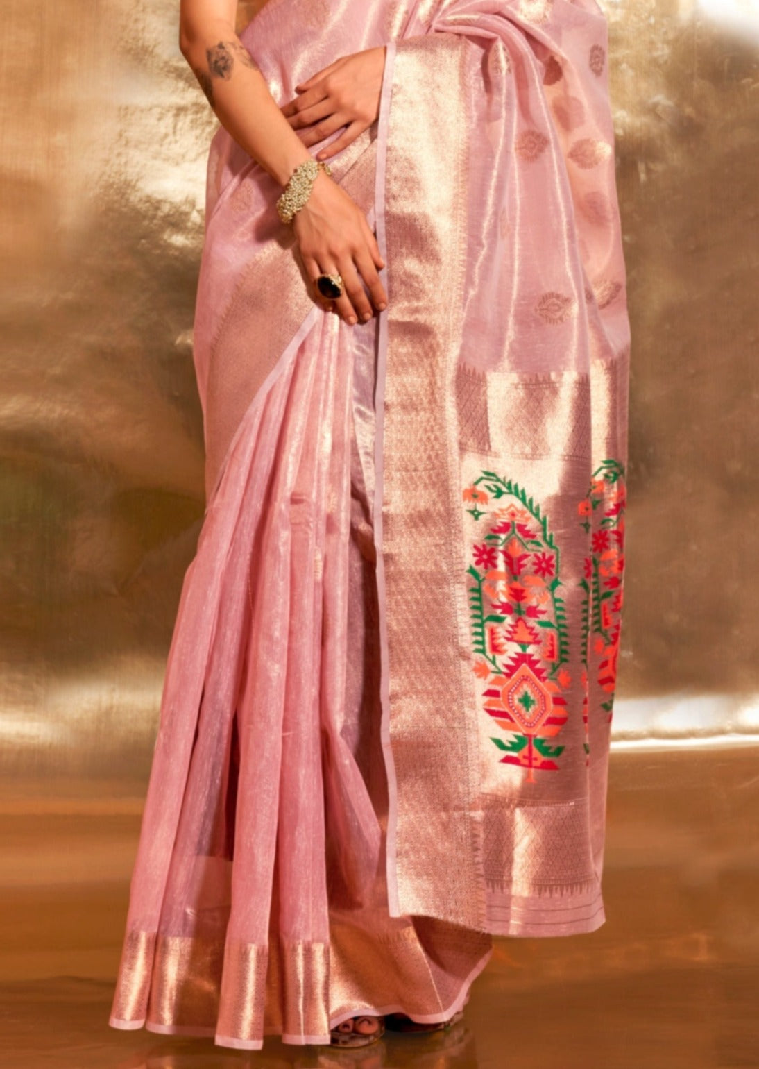 Banarasi tissue silk pastel pink handloom saree online.