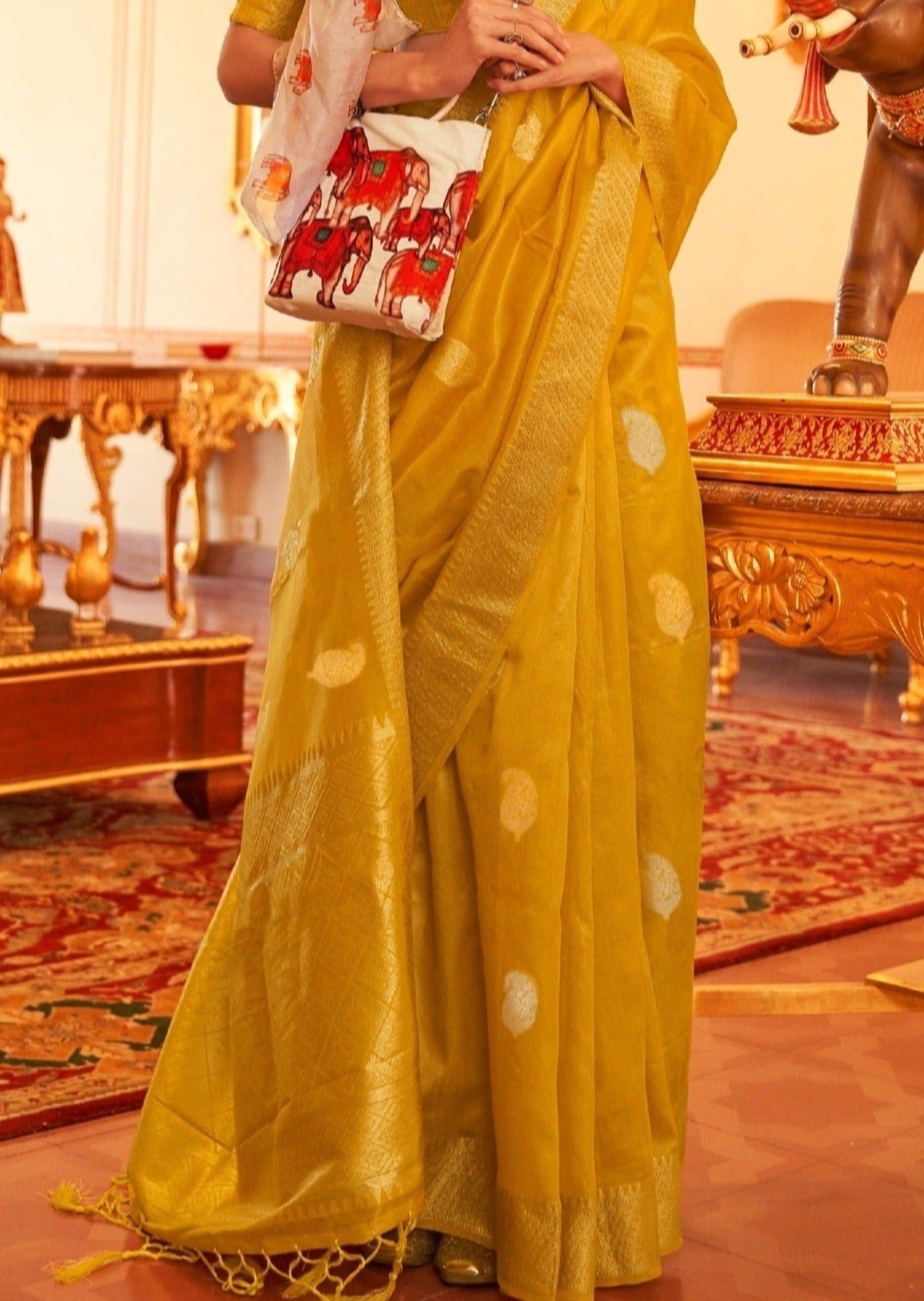 Pure banarasi tissue silk yellow bridal handloom saree online shopping for bride.