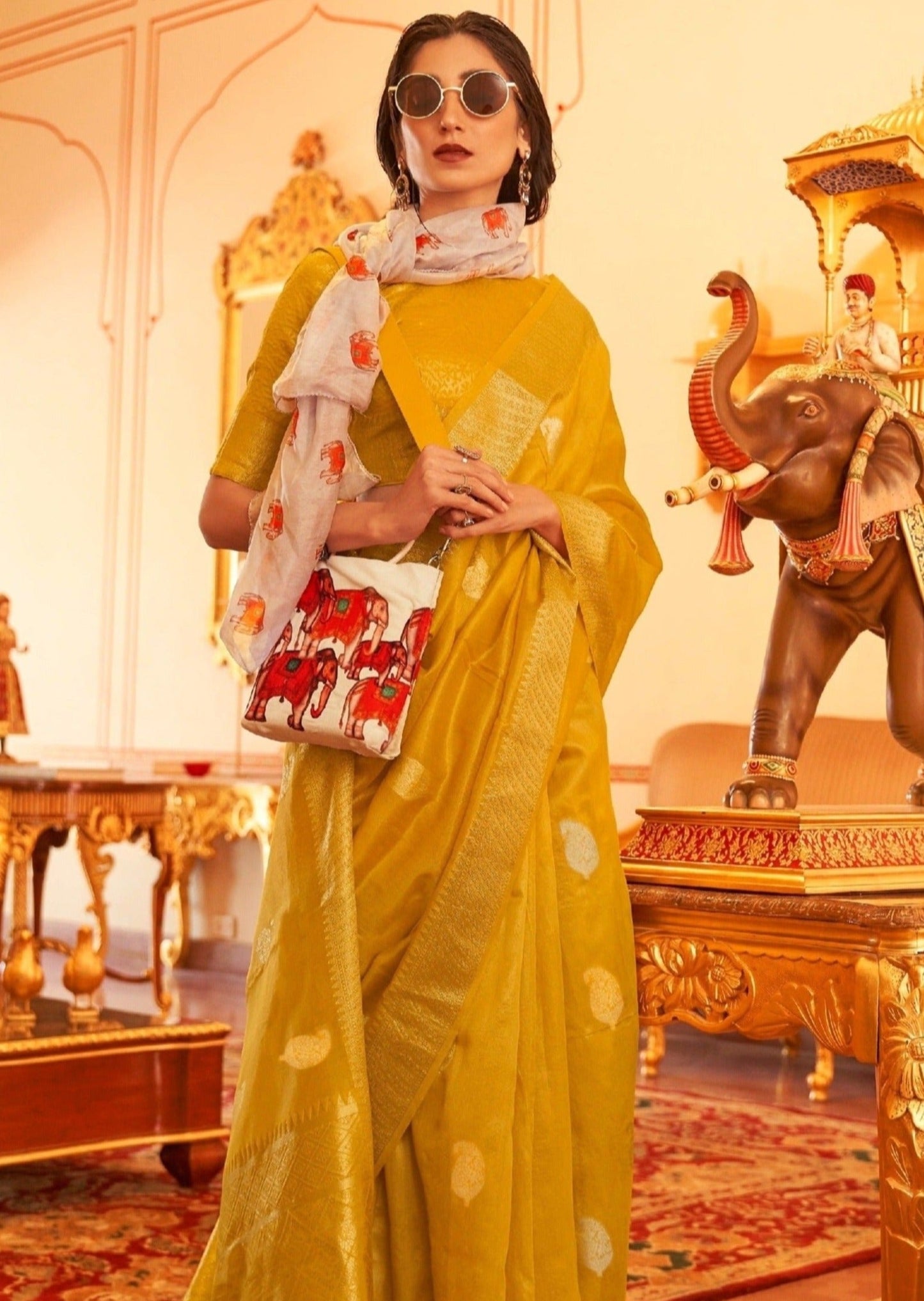 Pure banarasi tissue silk yellow handloom saree online shopping for wedding.