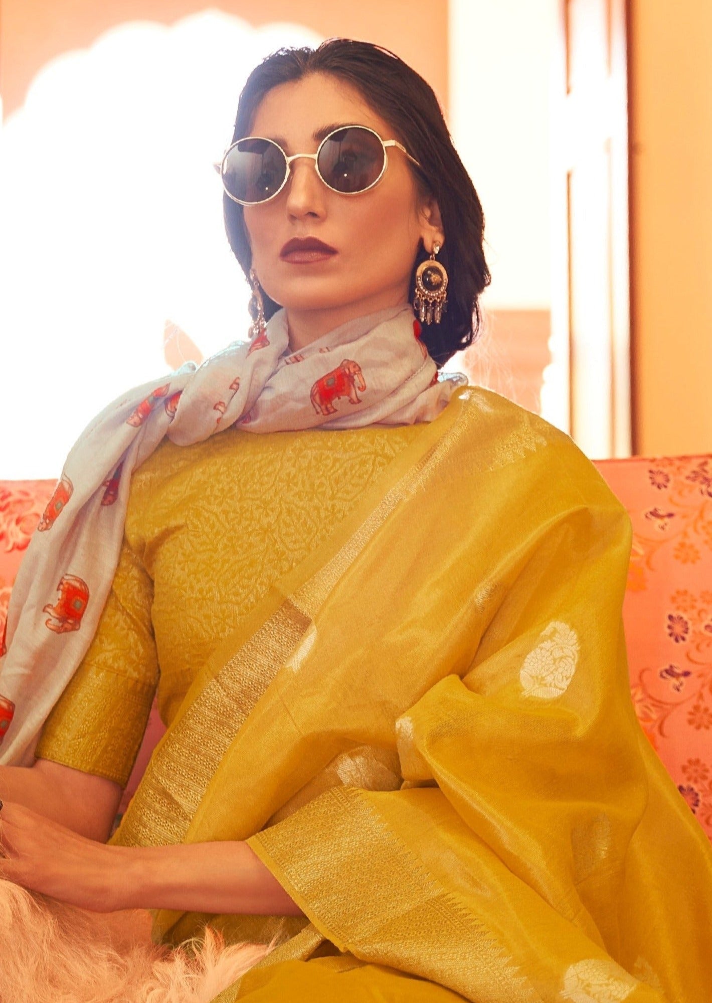 Pure banarasi tissue silk yellow color zari work handloom saree online shopping.