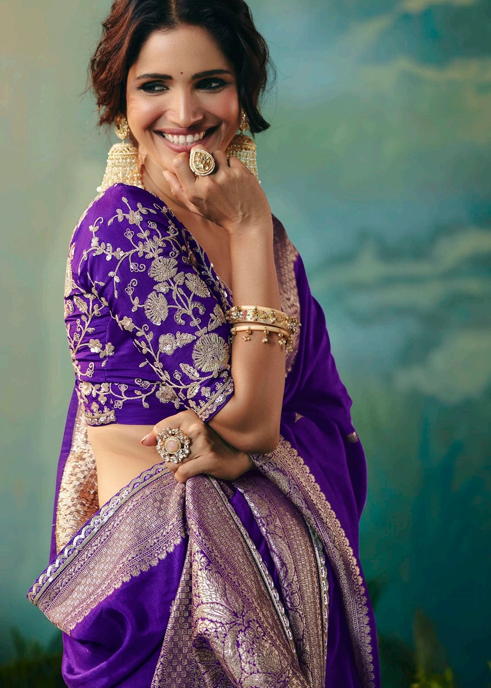 Luxury violet banarasi silk saree in usa paired with matching embroidered blouse for indian bride, bridesmaids and festive events.