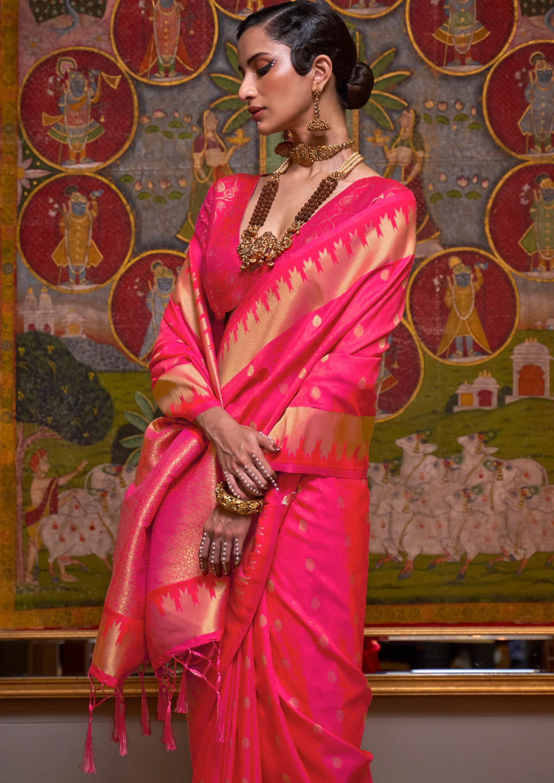Red banarasi silk bridal saree look for karwa chauth online shopping.