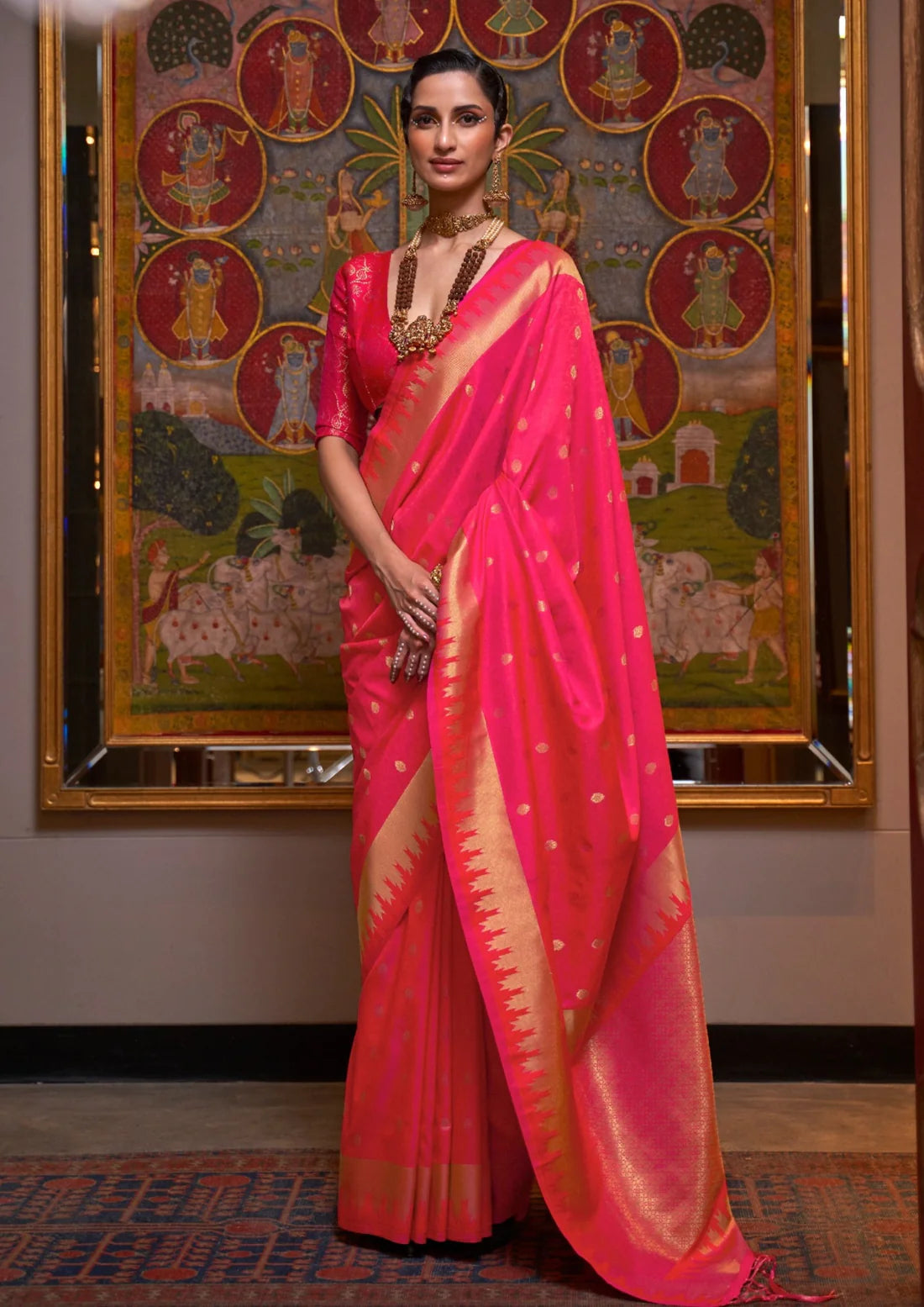 Banarasi silk red bridal zari boota saree look for karwa chauth online.