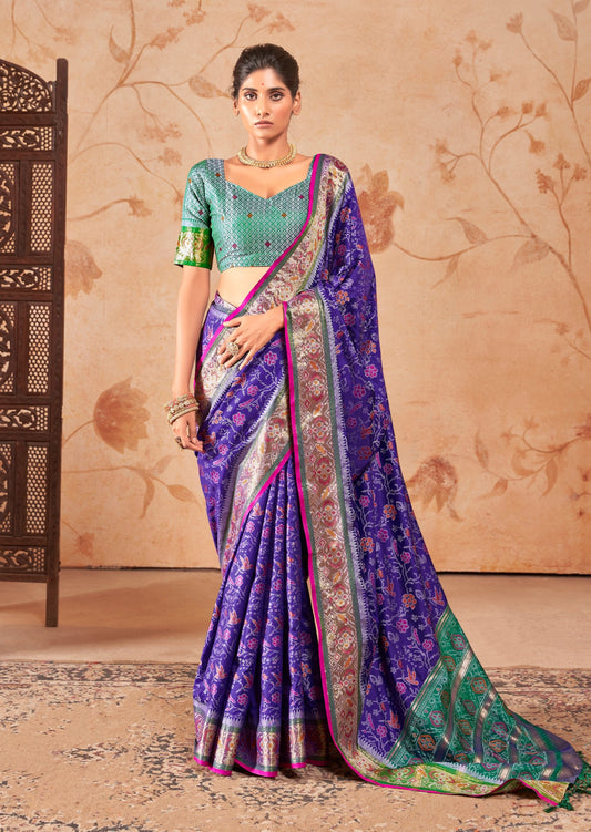 Banarasi patola handloom silk saree usa online shopping in violet purple color with green blouse.