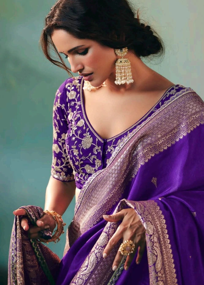 Luxury violet dola banarasi silk saree with zari embroidery and blouse for indian weddings in london uk.