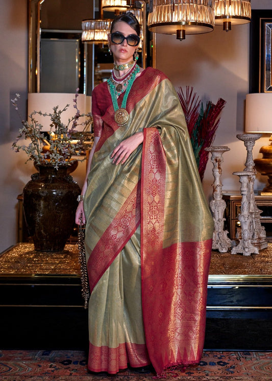 Pure banarasi tissue silk pastel green handloom saree online shopping for bridal wear with contrast red blouse.