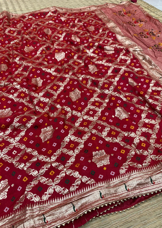Shop bandhani georgette saree with paithani border online red color.