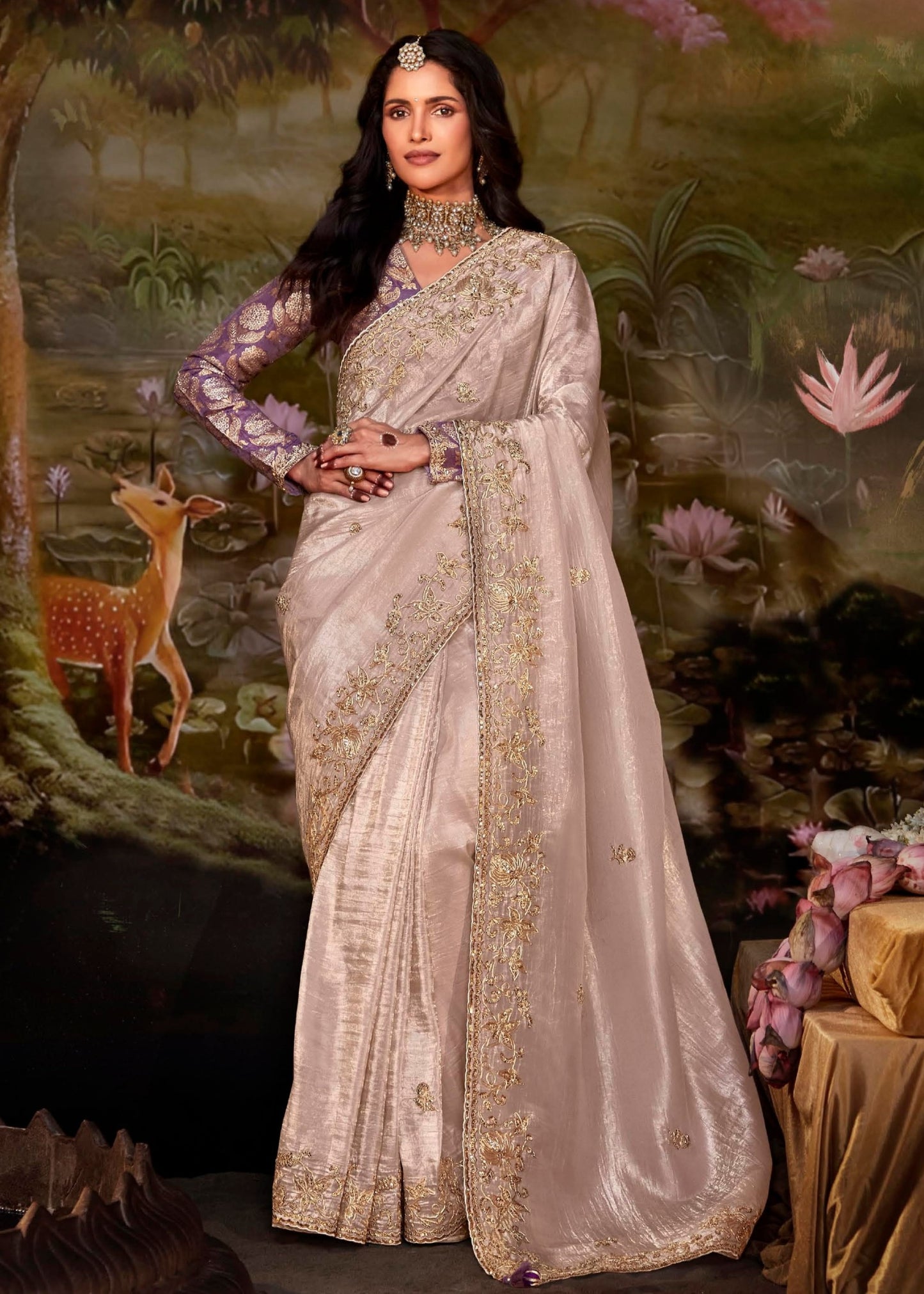 Shop beige gold colour organza tissue saree online with handwork embroidery.