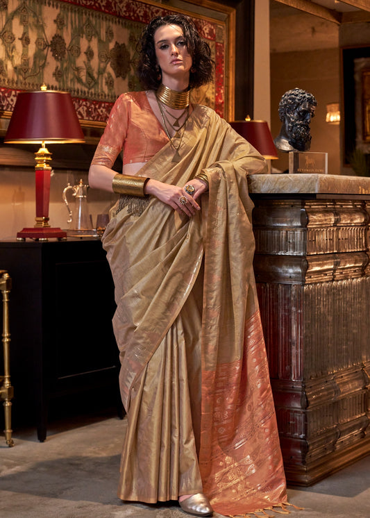 Handloom Banarasi Tussar Silk Beige Saree