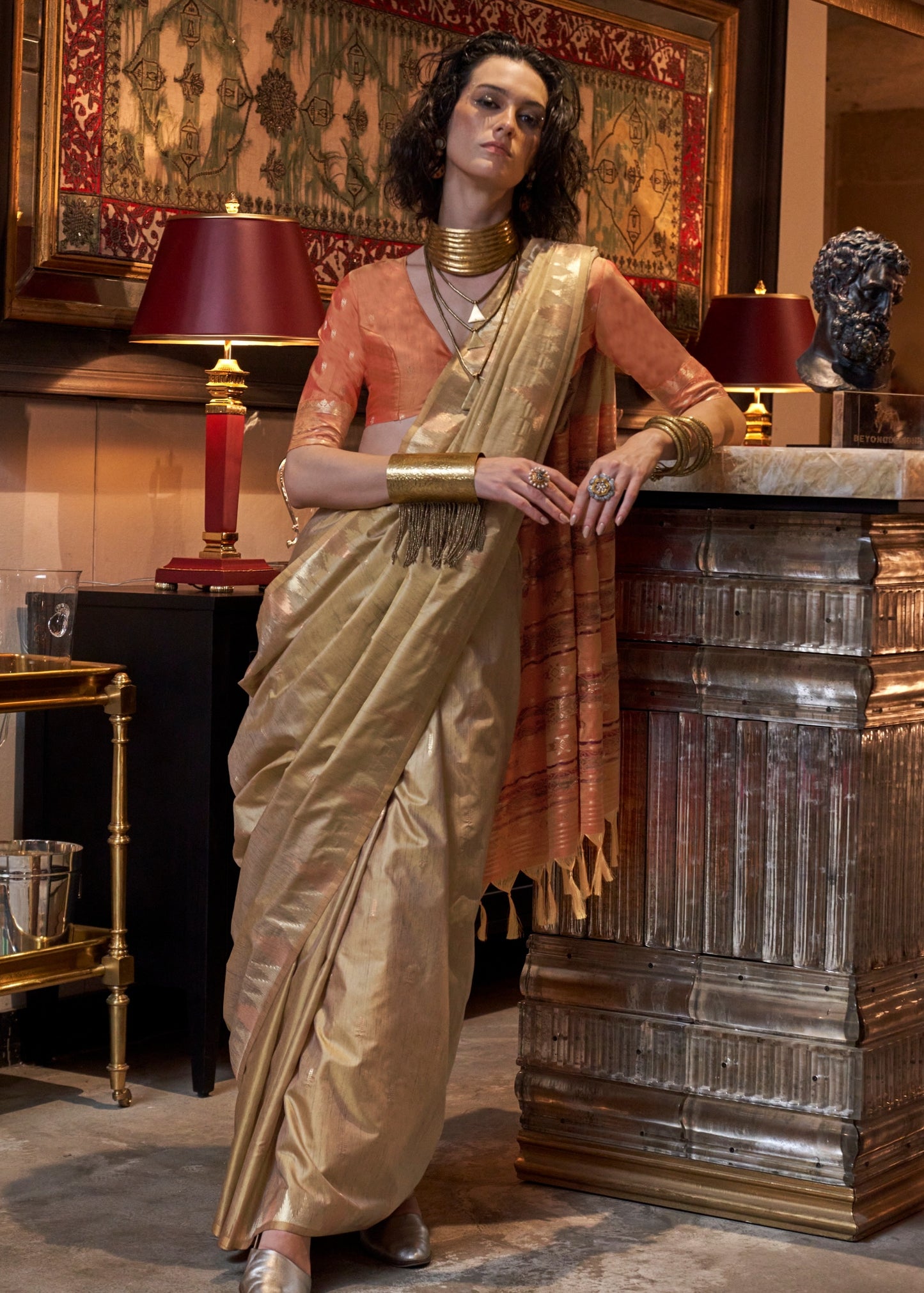 Handloom Banarasi Tussar Silk Beige Saree