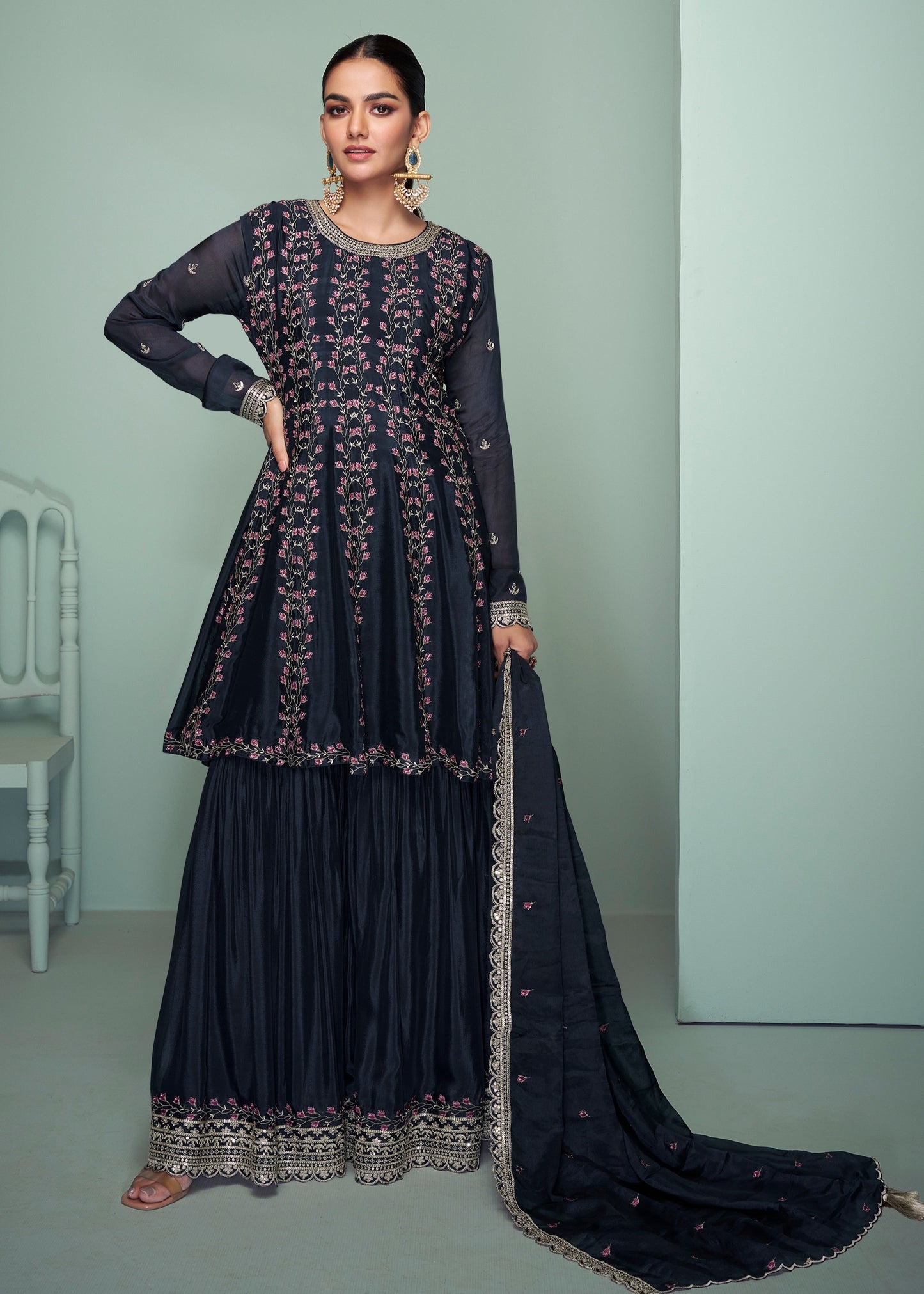 Black silk anarkali sharara suit in usa online with dupatta for women.