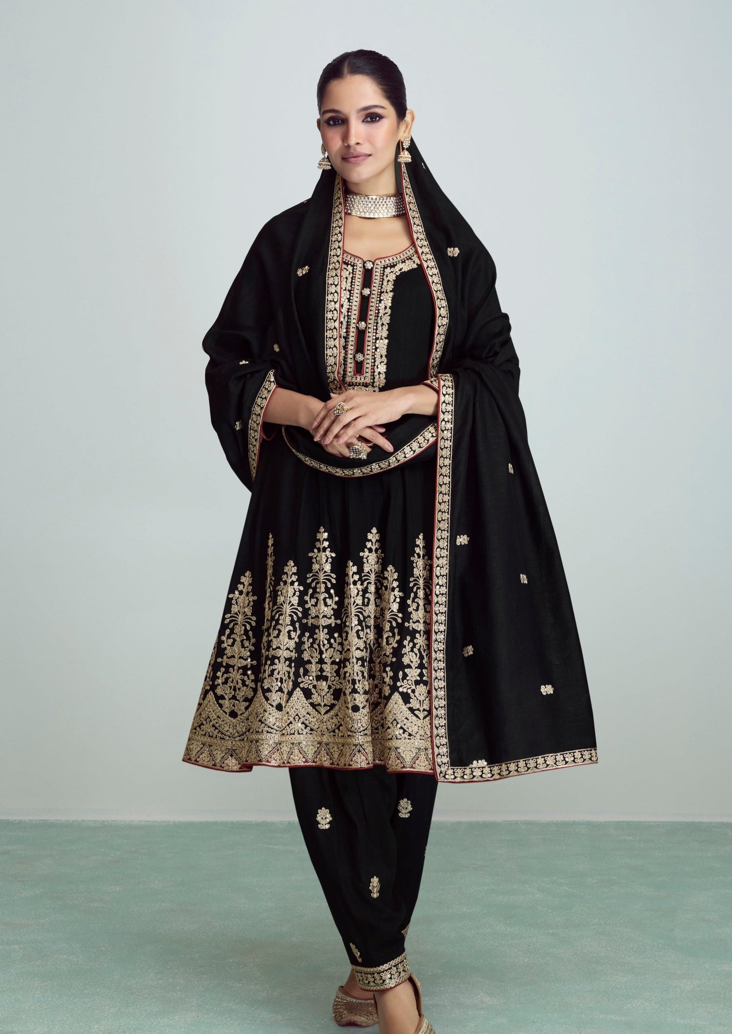 Shop Black Cotton Embroidered Churidar Suit After Six Wear Online at Best  Price