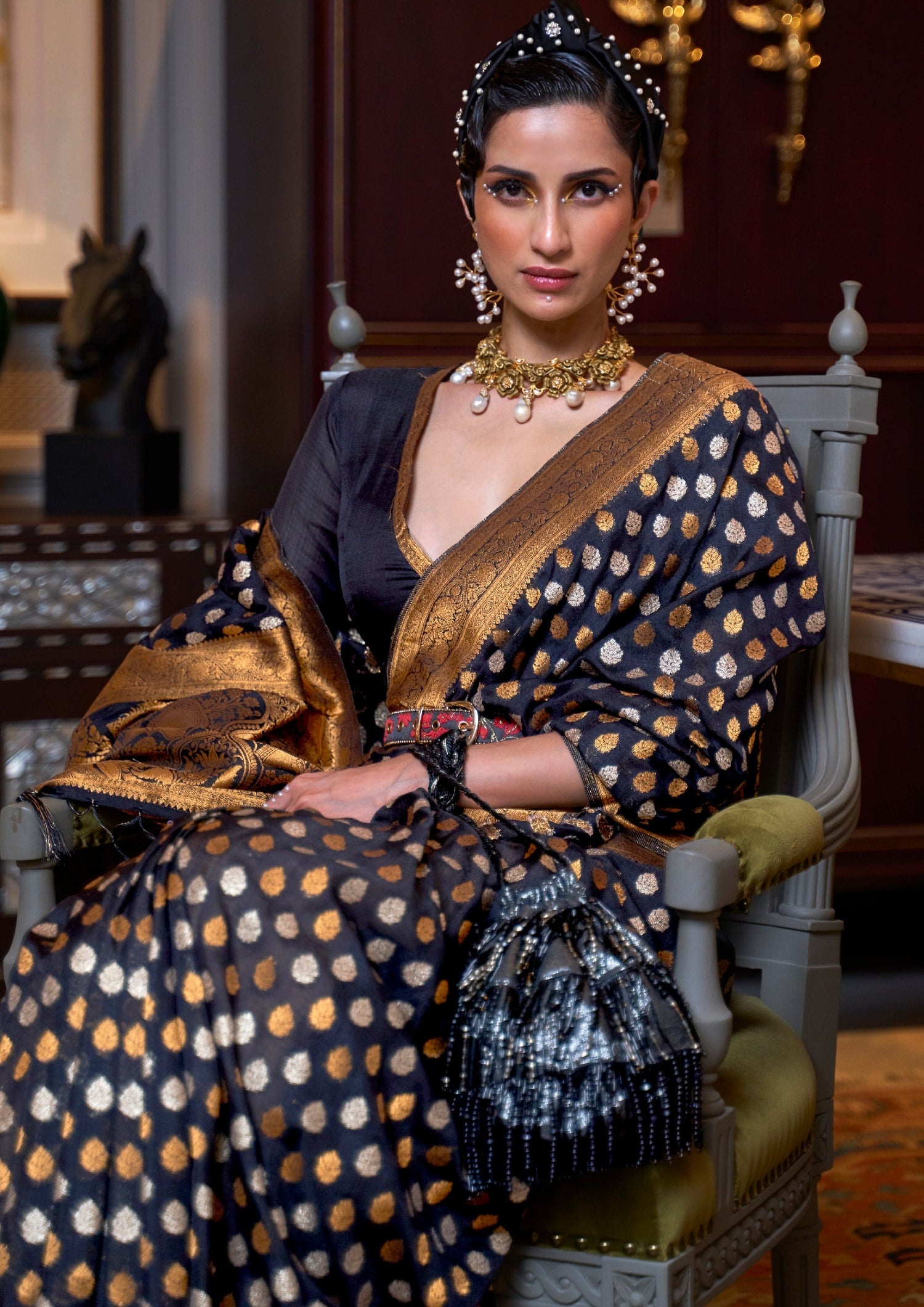 Bridal black khaddi georgette banarasi saree blouse online for wedding.