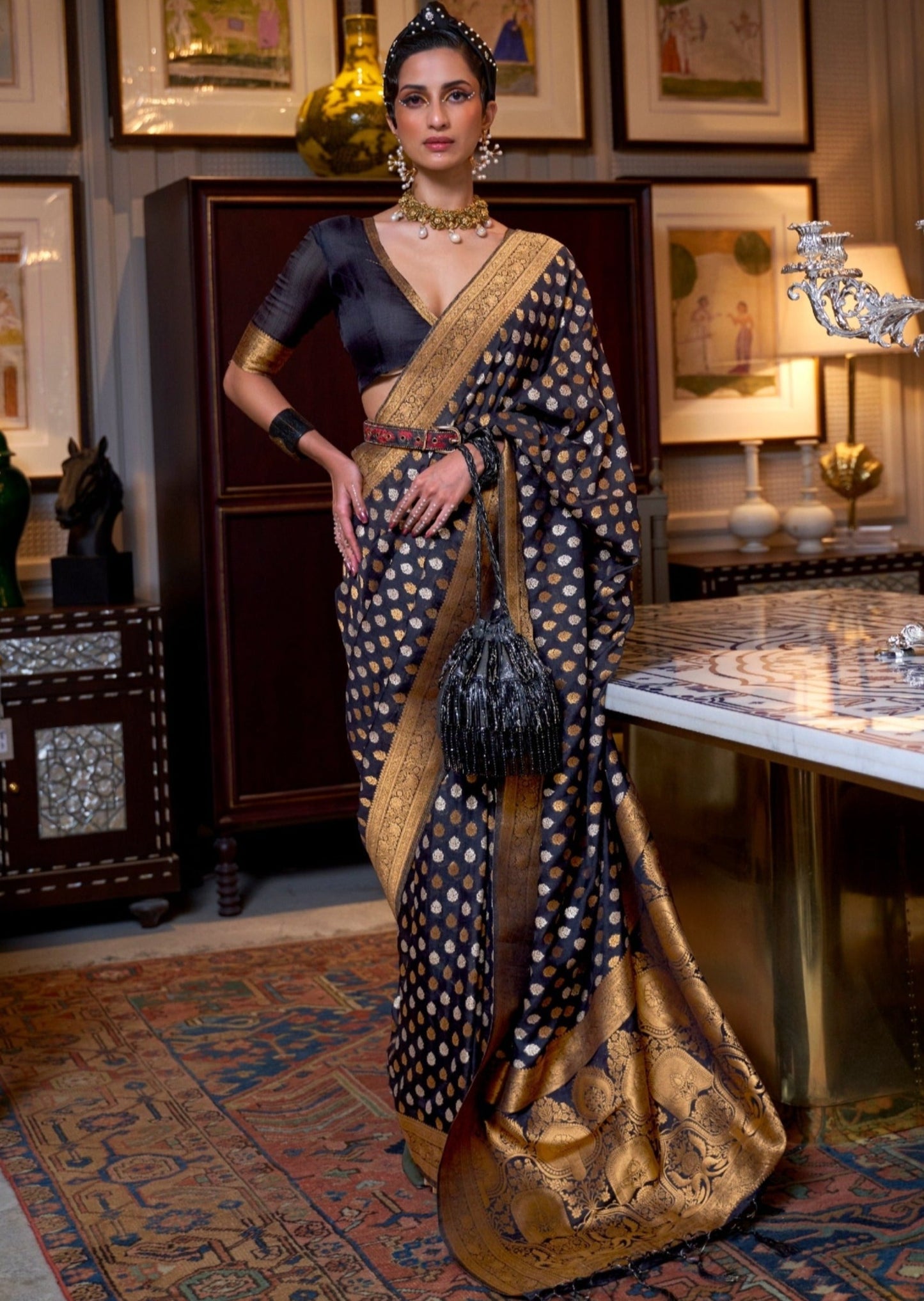 Woman's black khaddi georgette banarasi saree blouse online shopping.