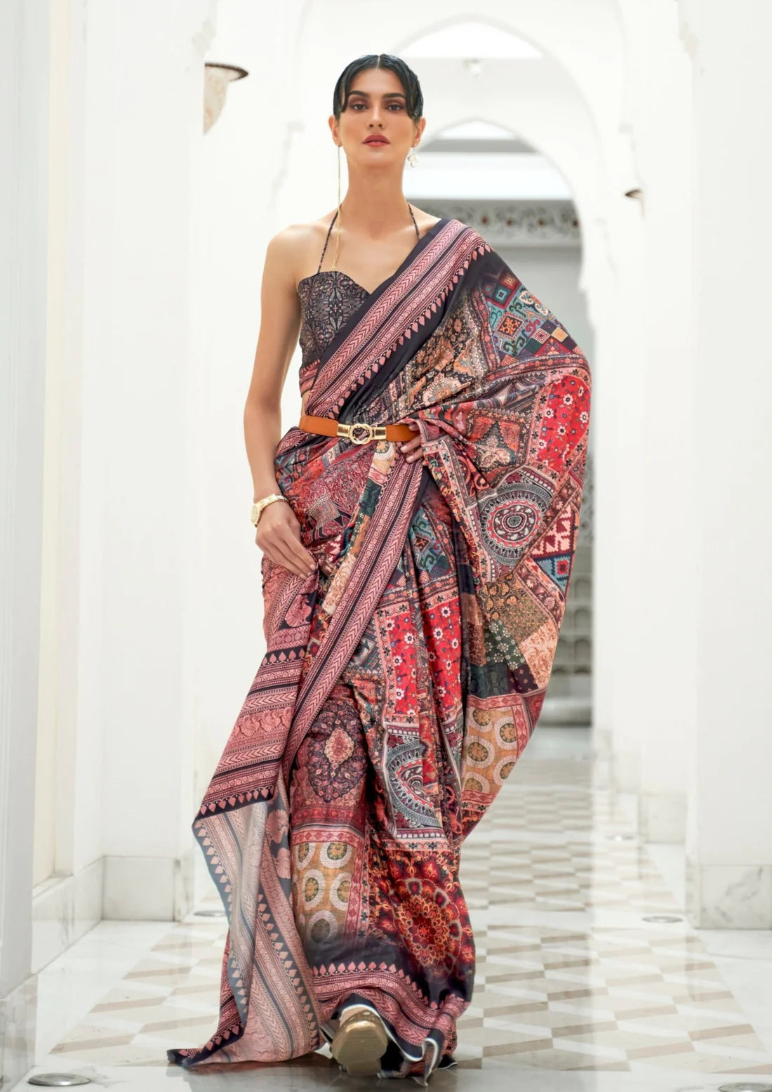 Black multicolor kalamkari pure silk crepe saree blouse design.