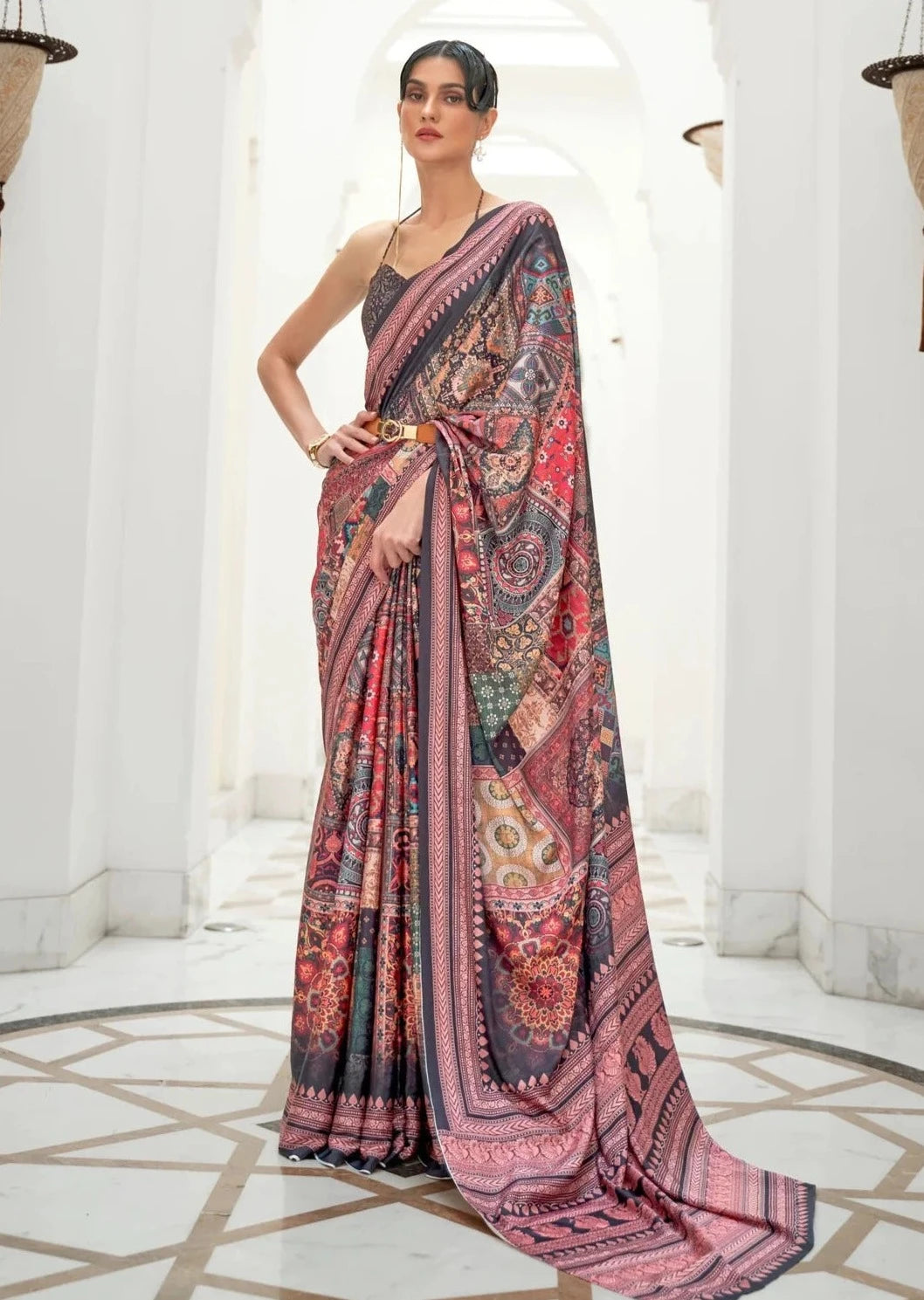 Woman in black multicolor kalamkari pure silk saree blouse design.