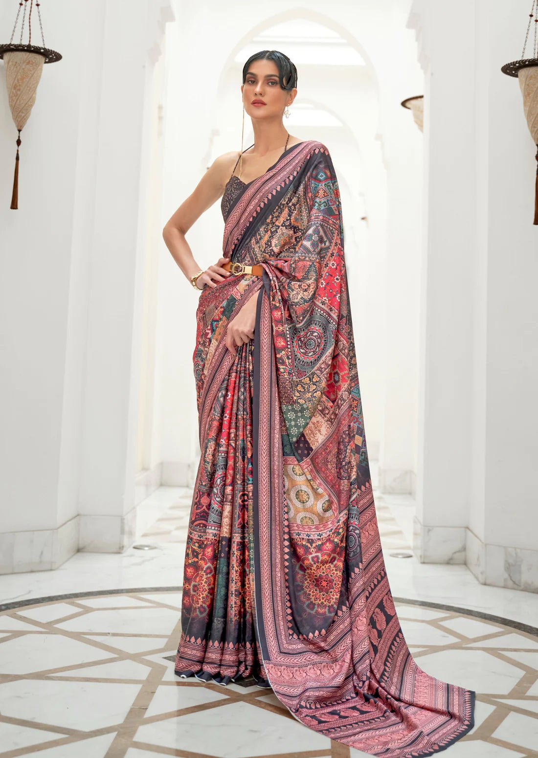 Woman in black multicolor kalamkari pure silk saree blouse design.