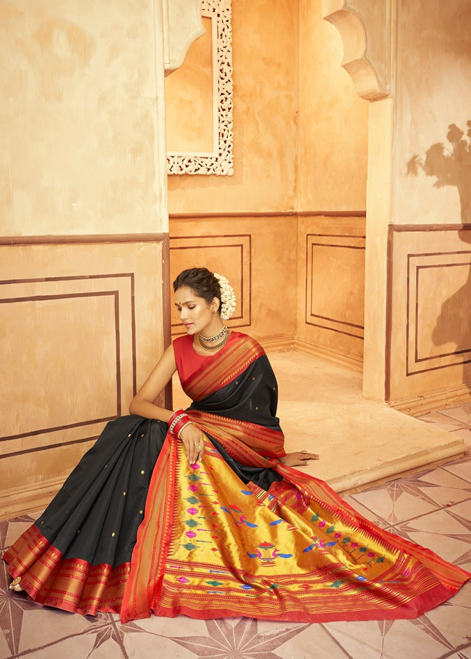 Black paithani silk saree online collection design for wedding.