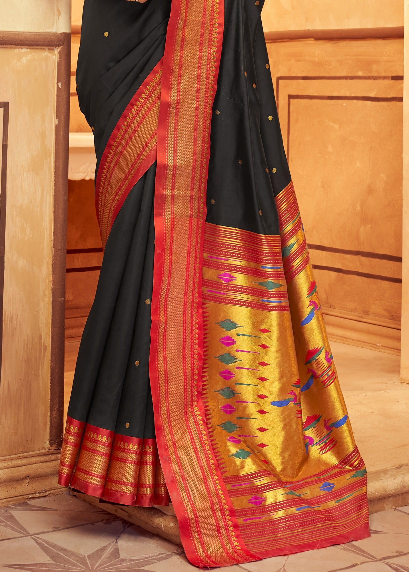 Black paithani silk saree online designs.