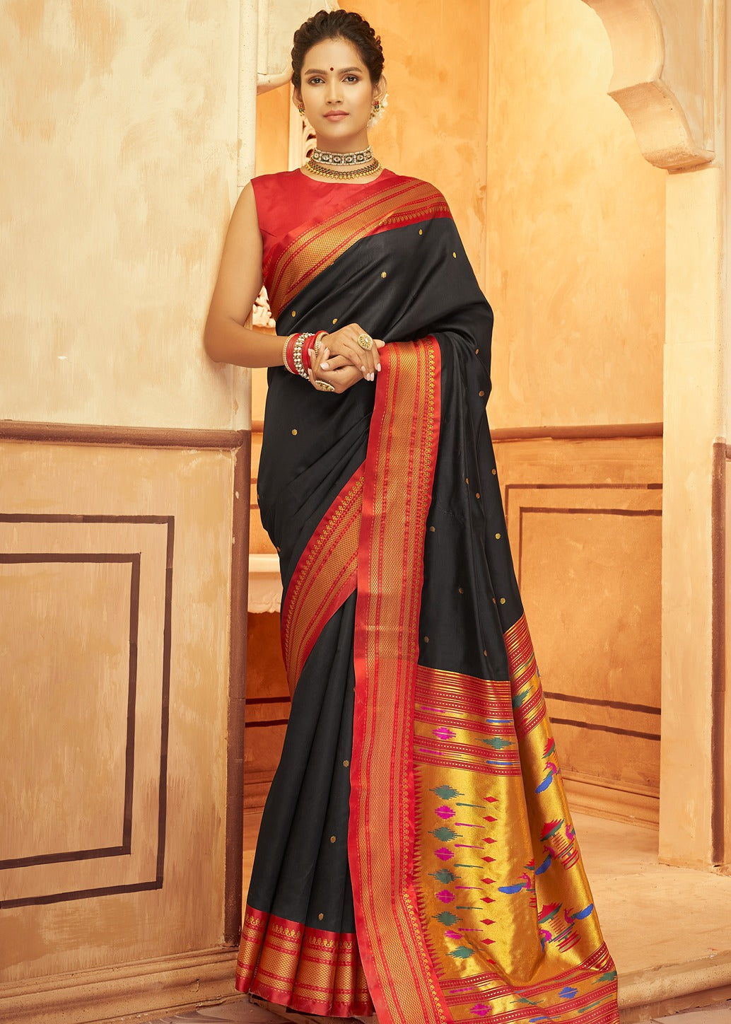 Black paithani silk saree with contrast red blouse online.