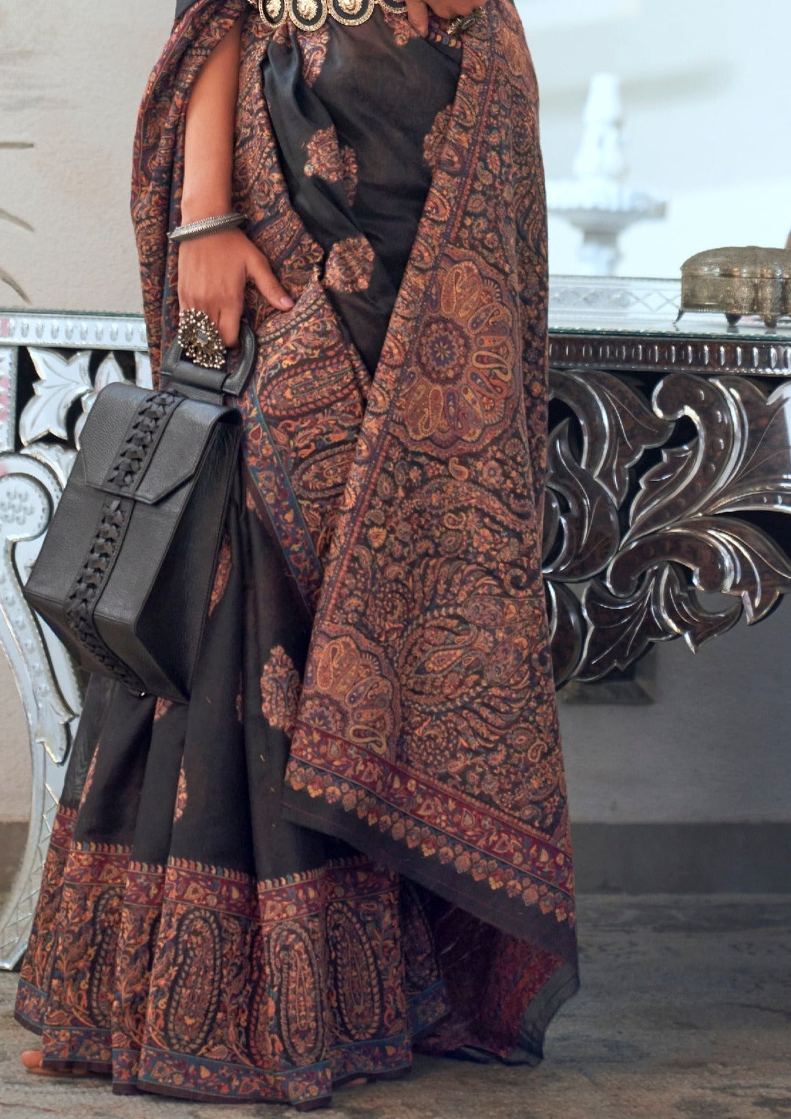 Black pure kashmiri silk handloom saree design.