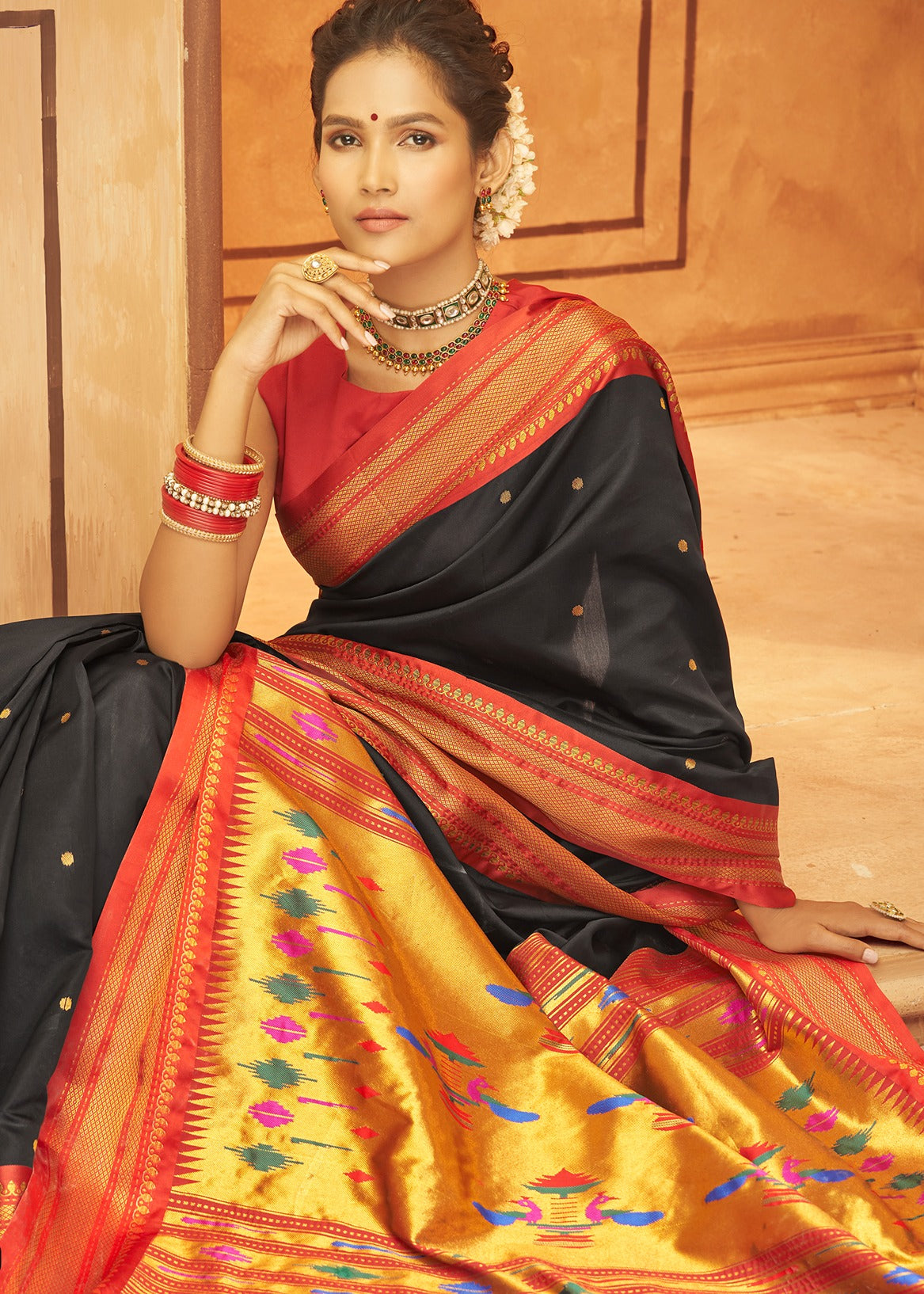 Black & red paithani silk saree online india with price.