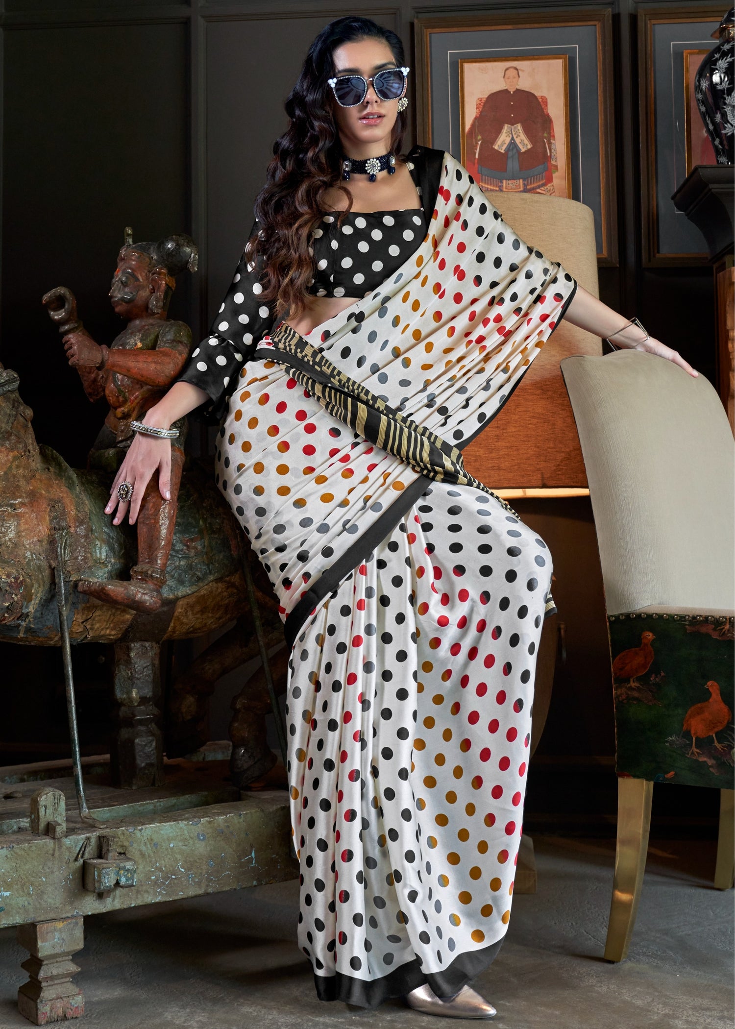 Elegant pure satin crepe saree with black and white polka dot digital print, perfect for festive and party occasions.