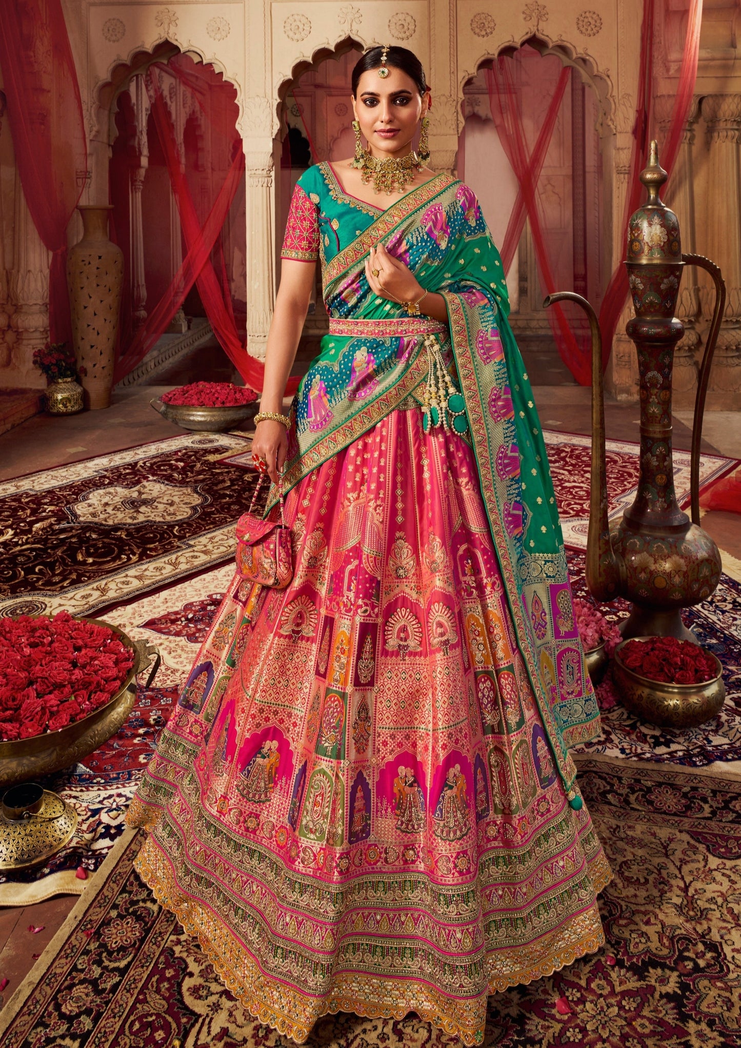 Bride in pink and blue combination banarasi silk lehenga choli.
