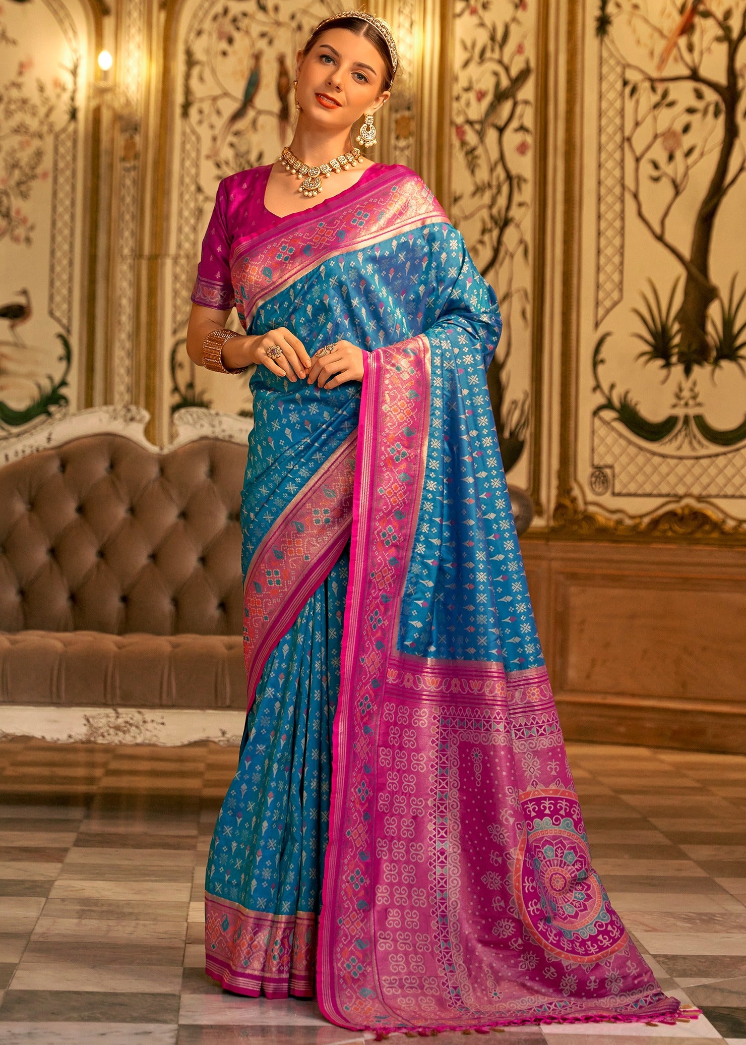 Blue banarasi patola silk handloom saree with contrast pink blouse in usa online.