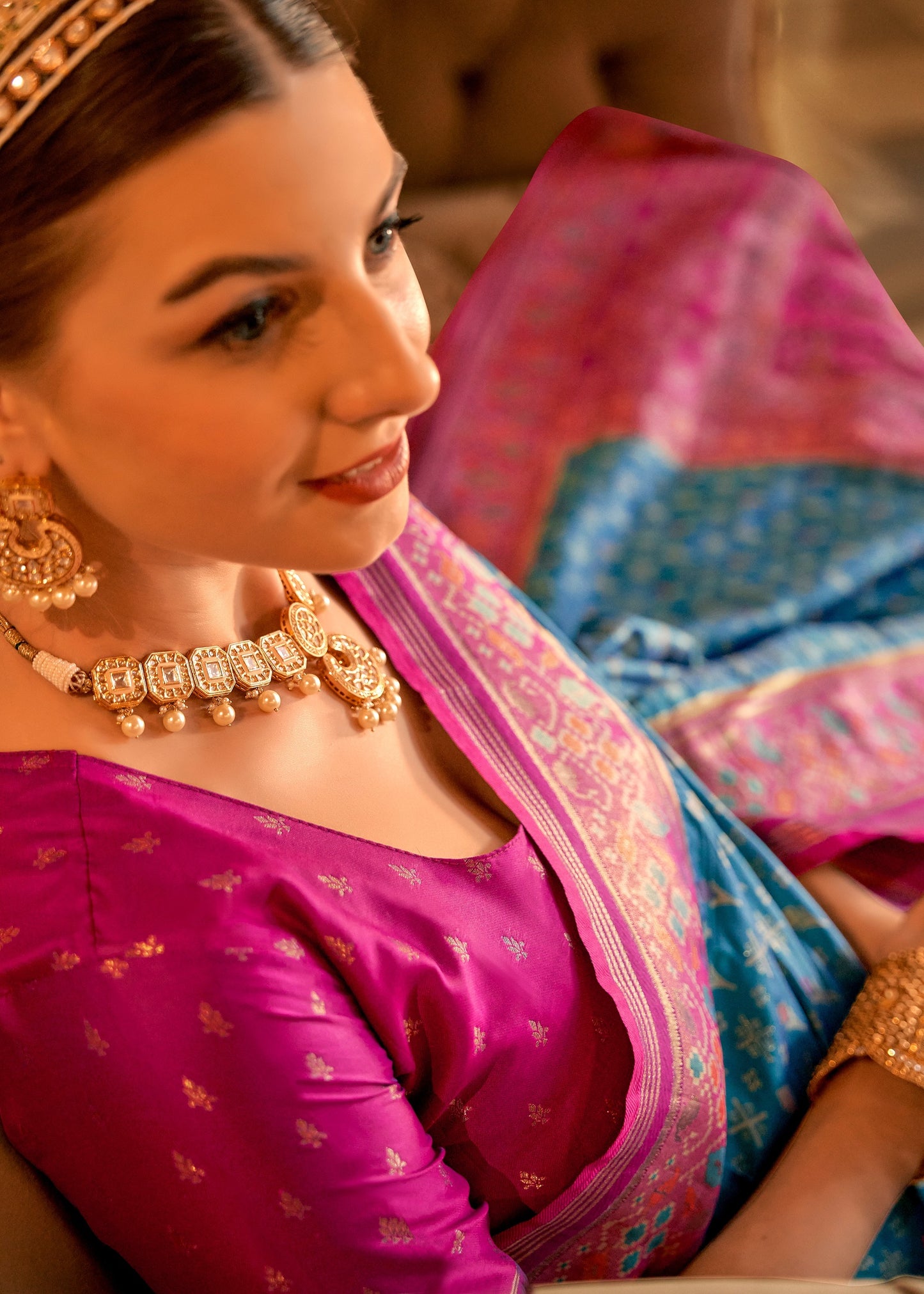 Blue banarasi patola silk handloom saree with contrast pink blouse in usa online shopping for wedding.