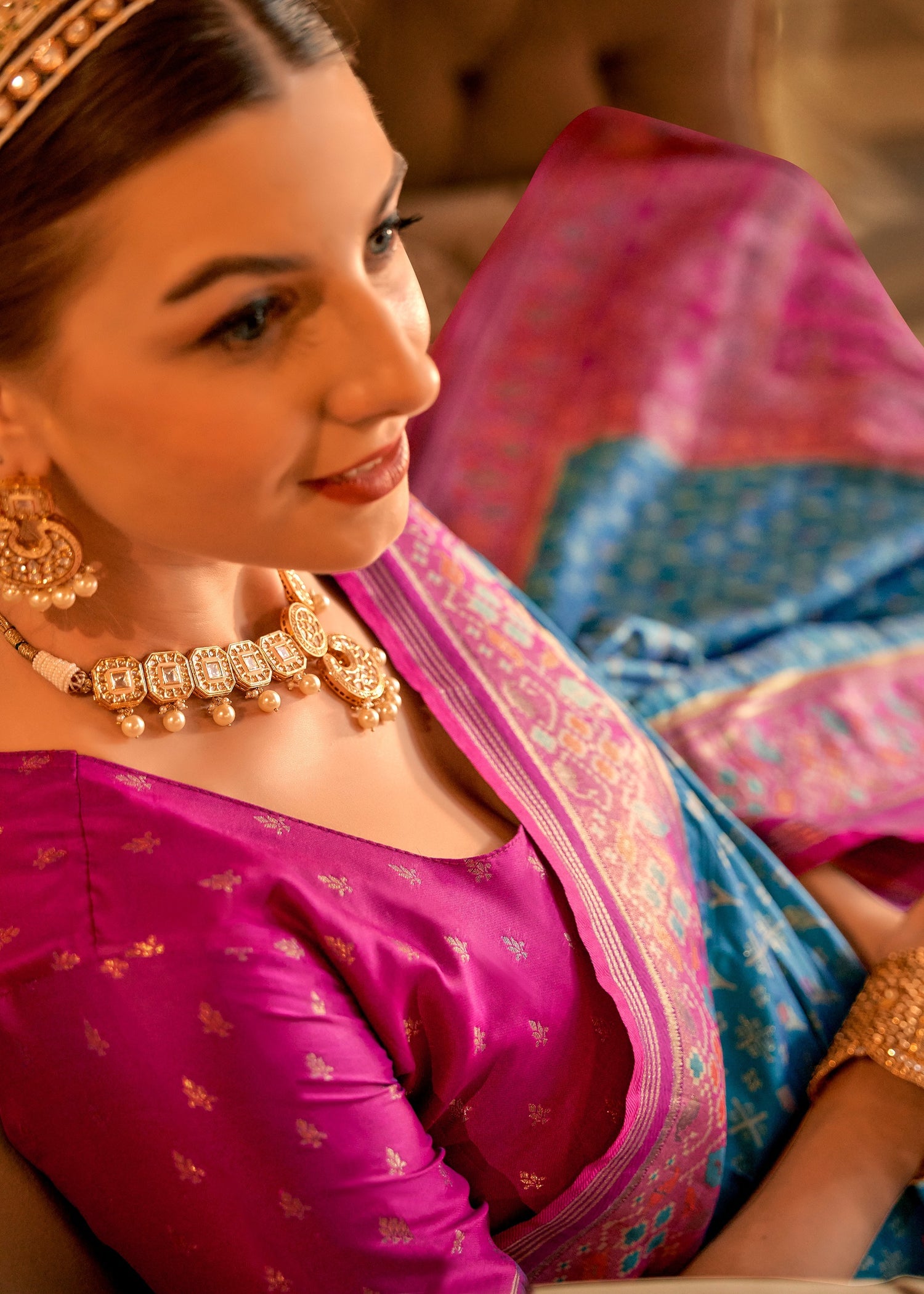 Blue banarasi patola silk handloom saree with contrast pink blouse in usa online shopping for wedding.