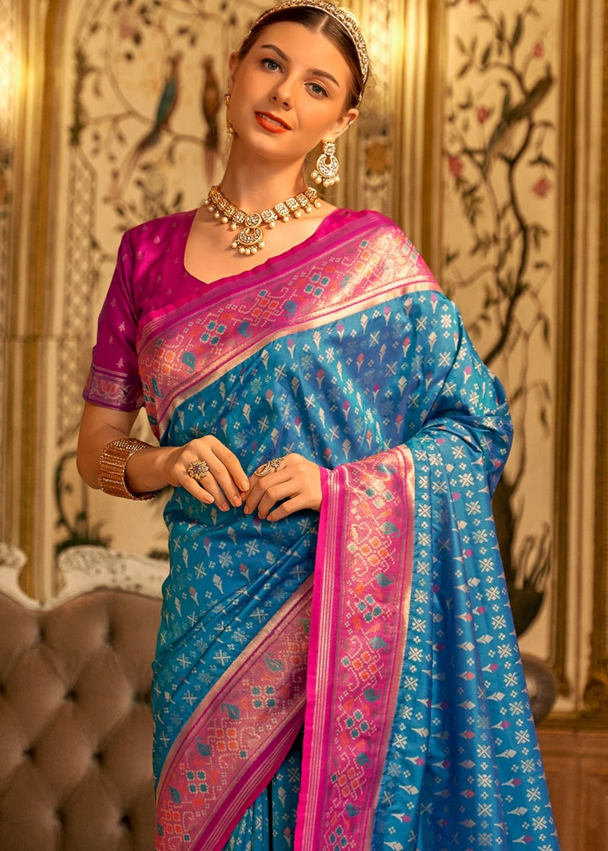 Blue banarasi patola silk handloom saree with contrast pink blouse in usa online for bride and bridesmaids.