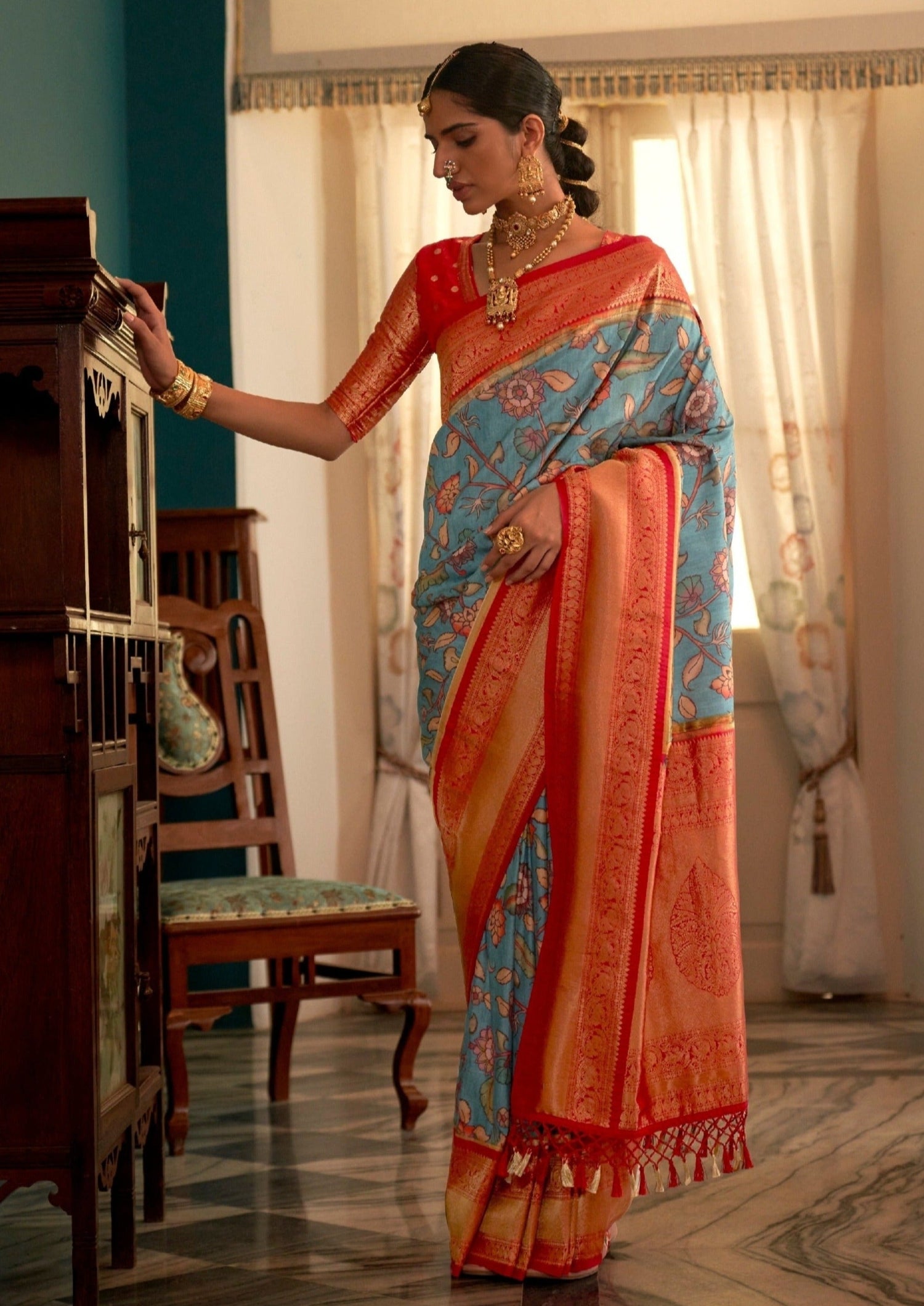 Woman's blue kalamkari saree with banarasi border online india usa uk london canada price.