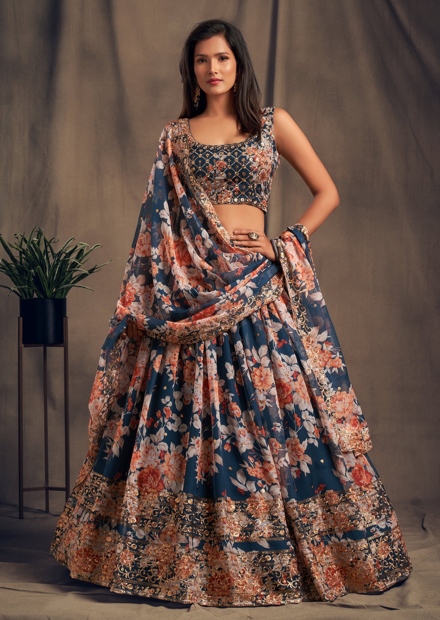 Blue organza lehenga choli with dupatta online shopping usa india at fast shipping.